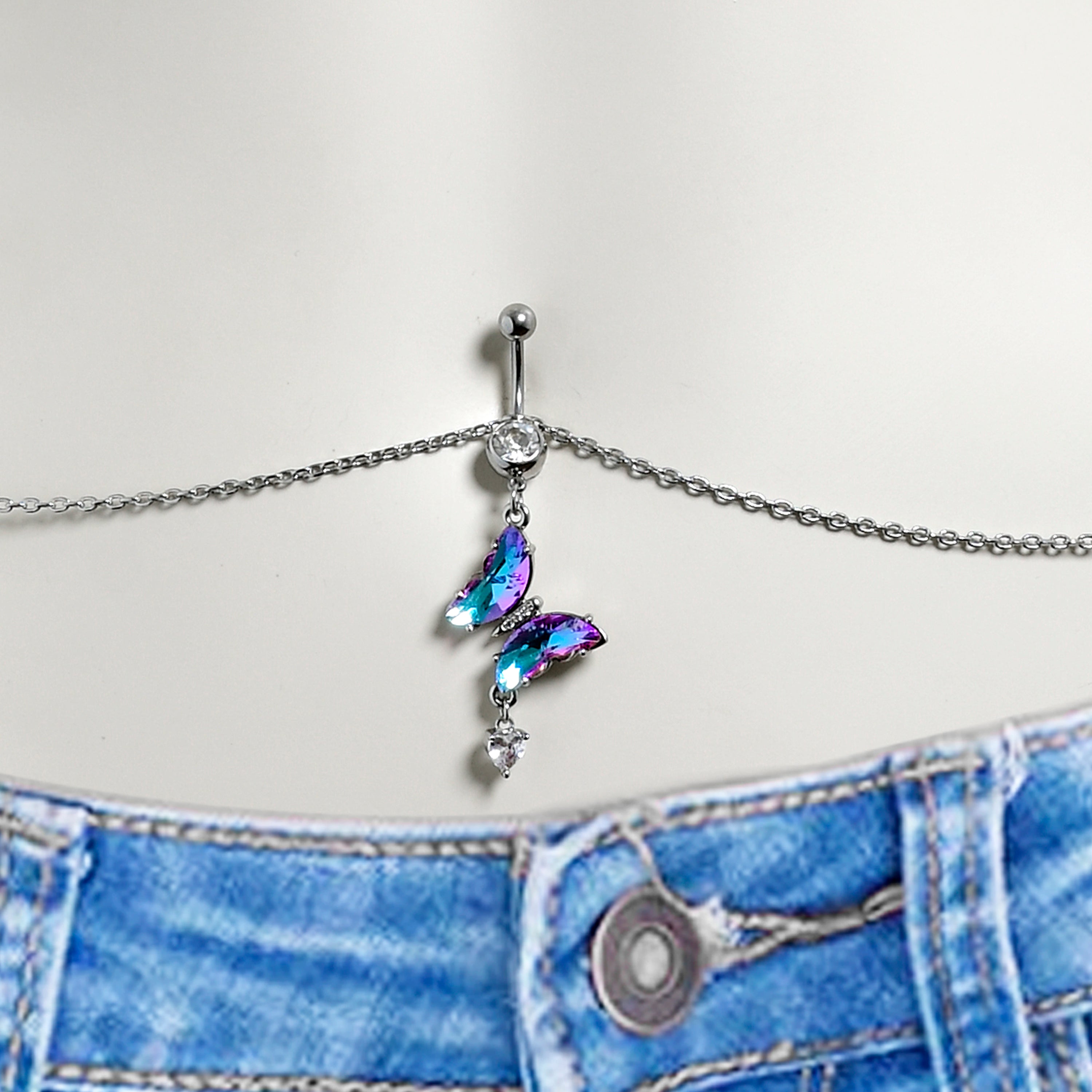 BodyCandy Clear Vitrail Gem Butterfly Beauty Dangle Belly Ring Belly Chain — detail close-up