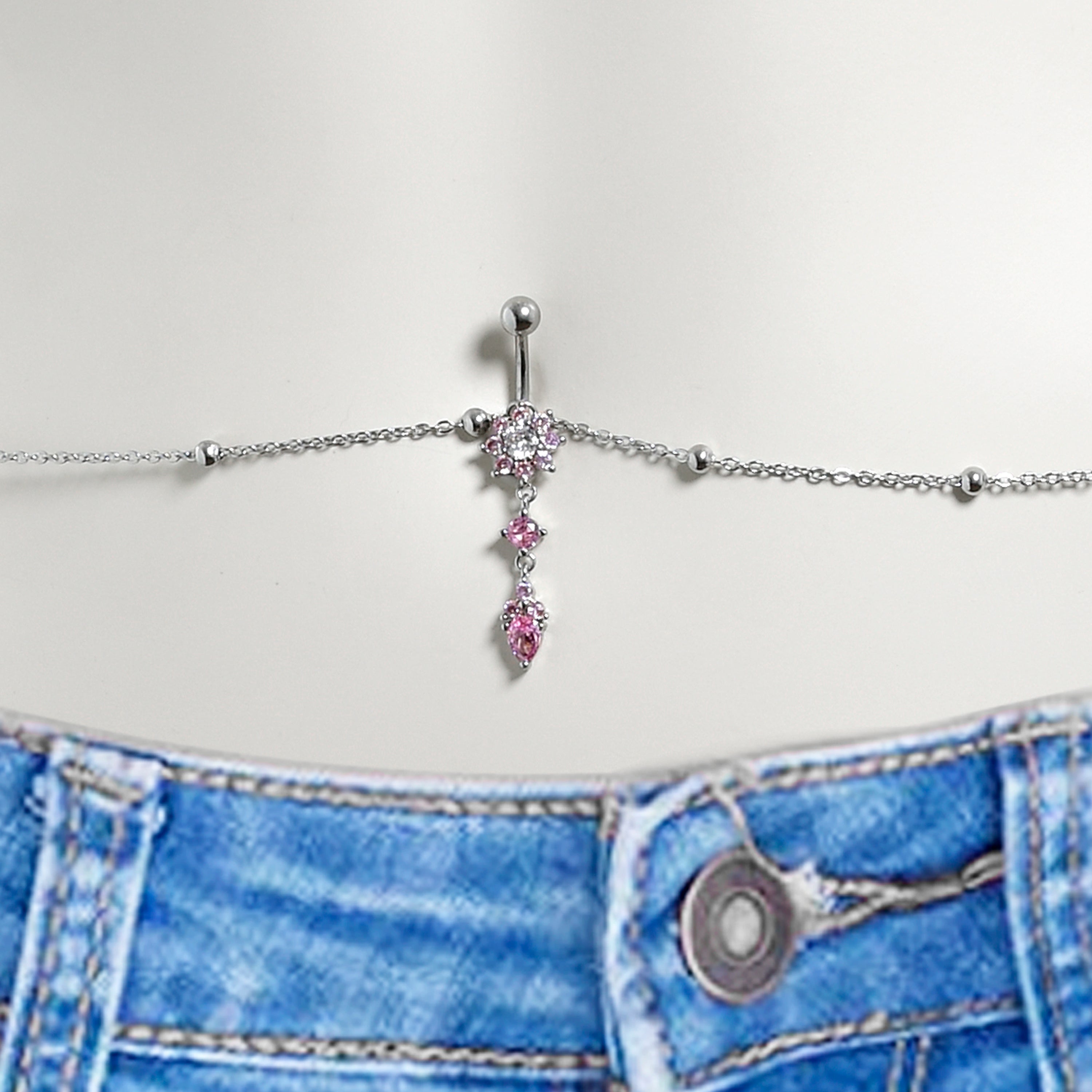 BodyCandy Pink Gem Vivid Dangle Belly Ring Belly Chain — detail close-up