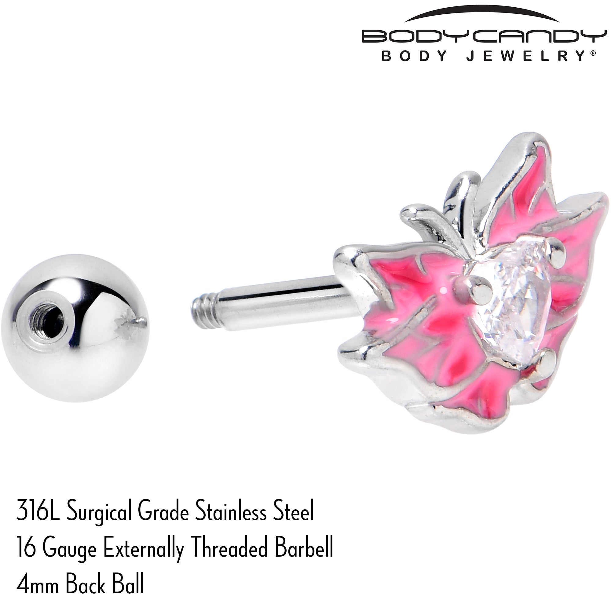 BodyCandy 16G 1/4 Clear Gem Heart Pink Butterfly Cartilage Tragus Earring — side view