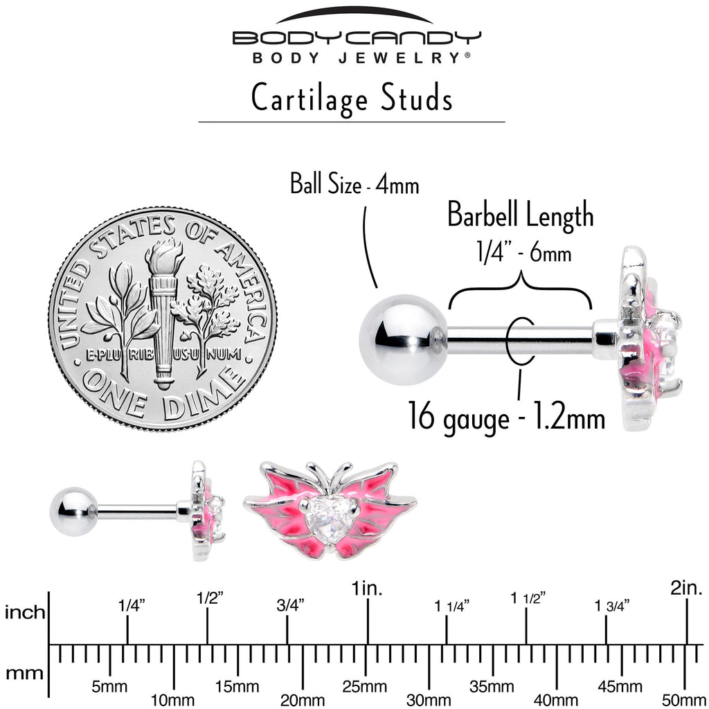 BodyCandy 16G 1/4 Clear Gem Heart Pink Butterfly Cartilage Tragus Earring — back view