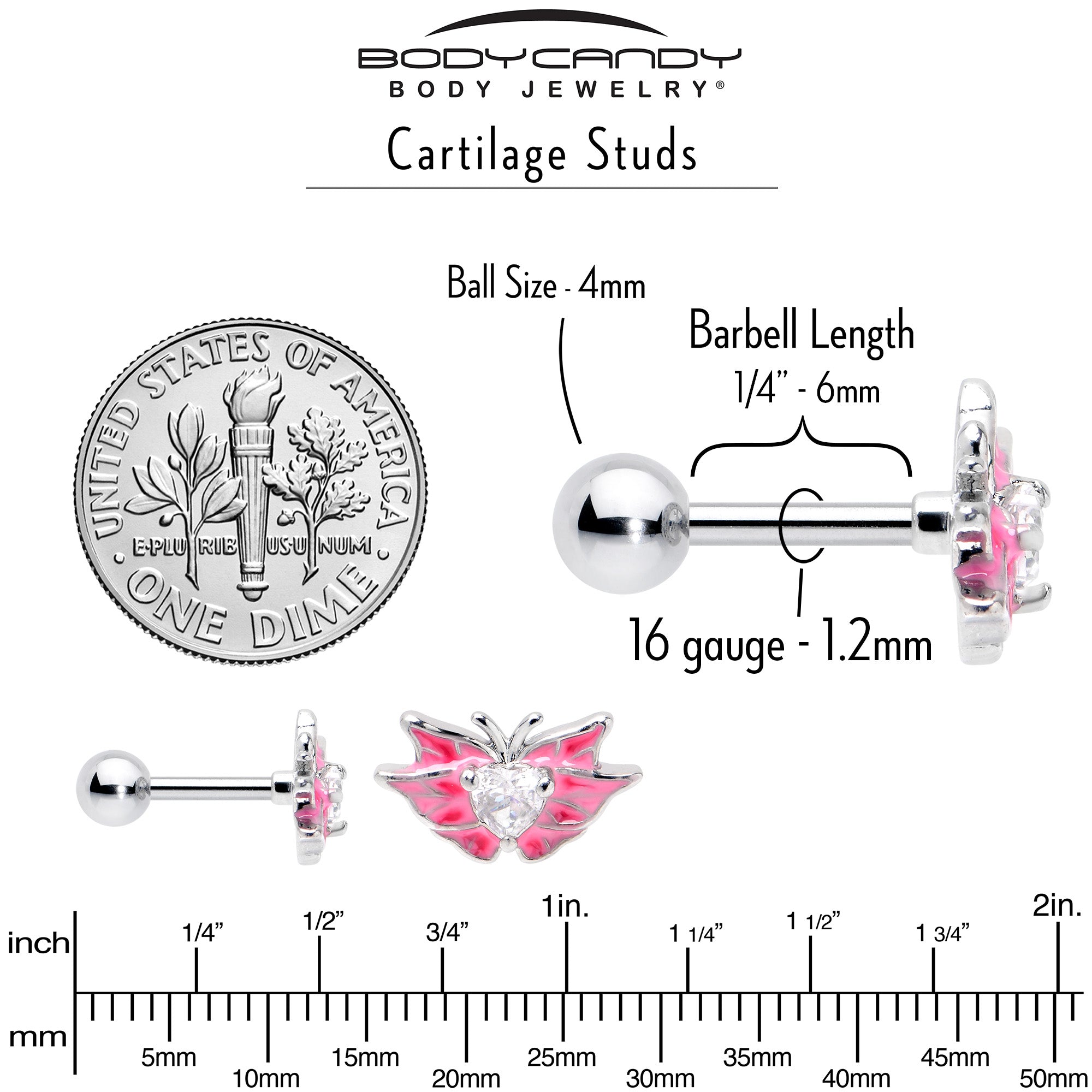 BodyCandy 16G 1/4 Clear Gem Heart Pink Butterfly Cartilage Tragus Earring — back view