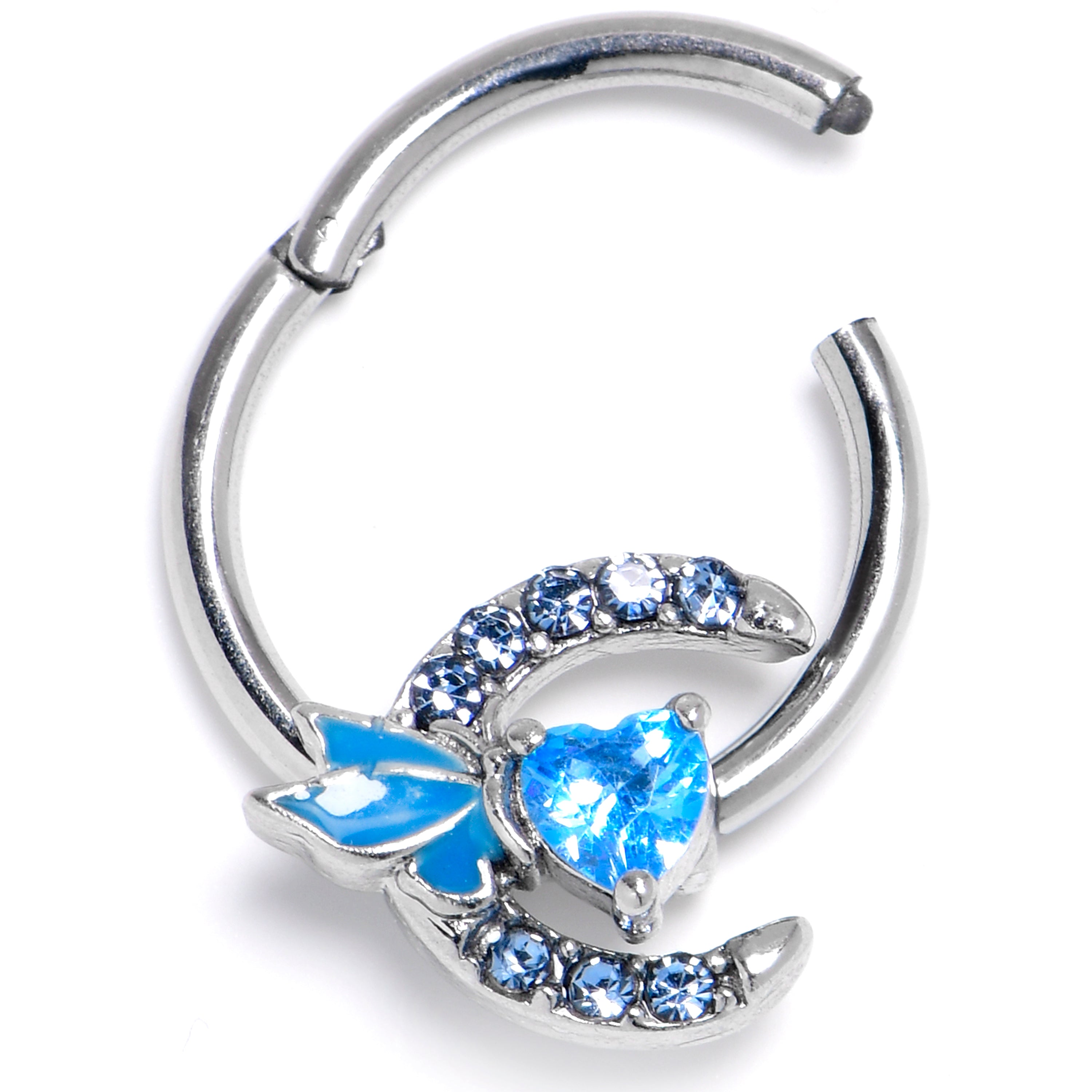 BodyCandy 16G 3/8 Blue Gem Butterfly Moon Heart Hinged Segment Ring — main product shot