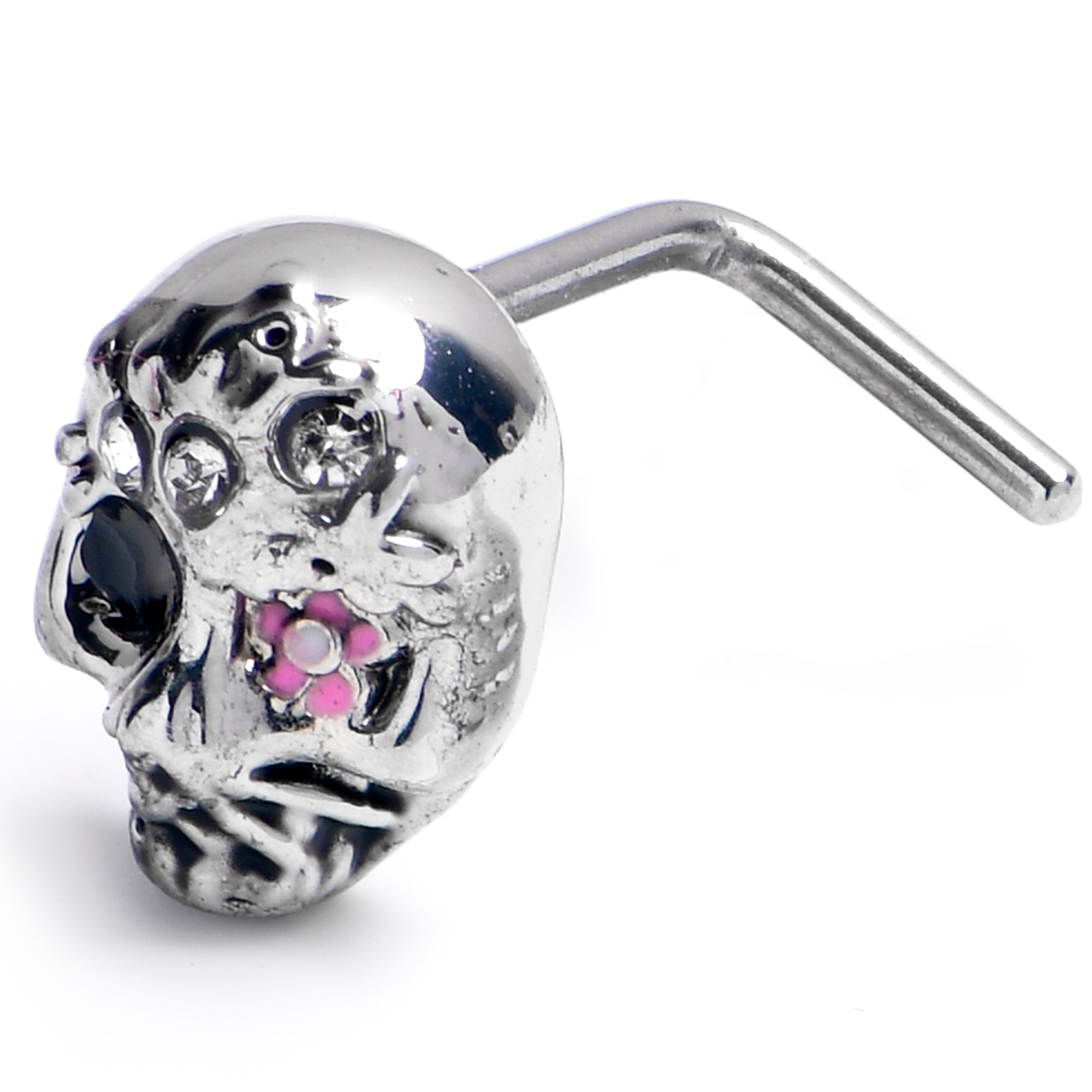 BodyCandy 20G 7mm Clear CZ Gem Stylish Skull L Shape Nose Ring — main product shot