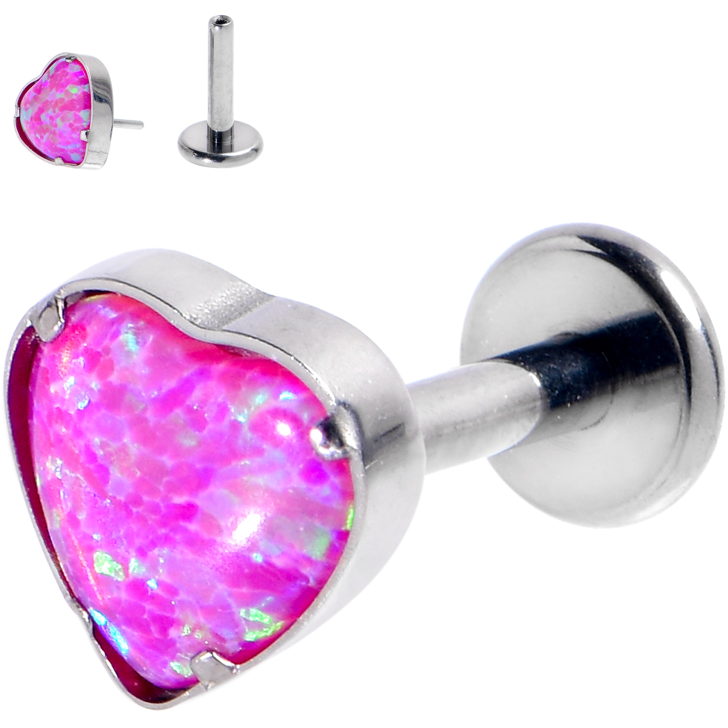 BodyCandy 16G 1/4 Pink Synthetic Opal G23 Titanium Threadless Heart Labret — main product shot