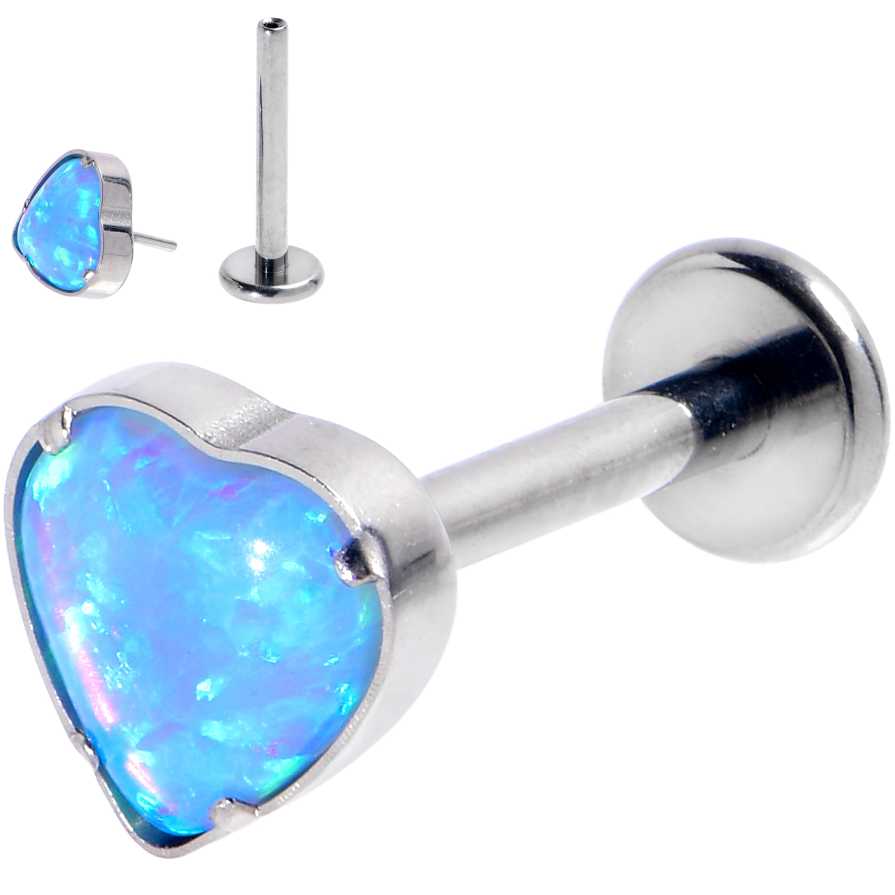 BodyCandy 16G 3/8 Blue Synthetic Opal G23 Titanium Threadless Heart Labret — main product shot