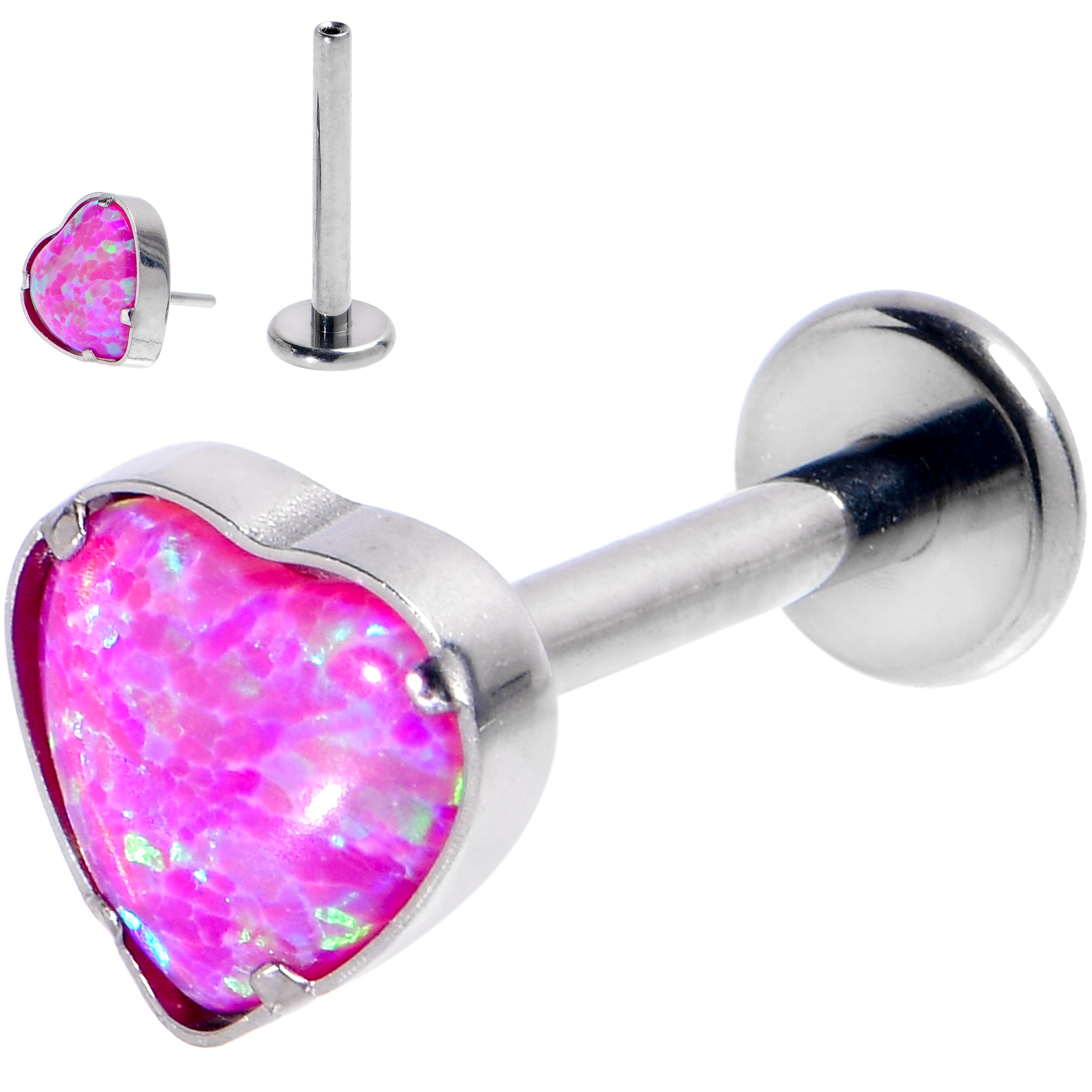 BodyCandy 16G 3/8 Pink Synthetic Opal G23 Titanium Threadless Heart Labret — main product shot