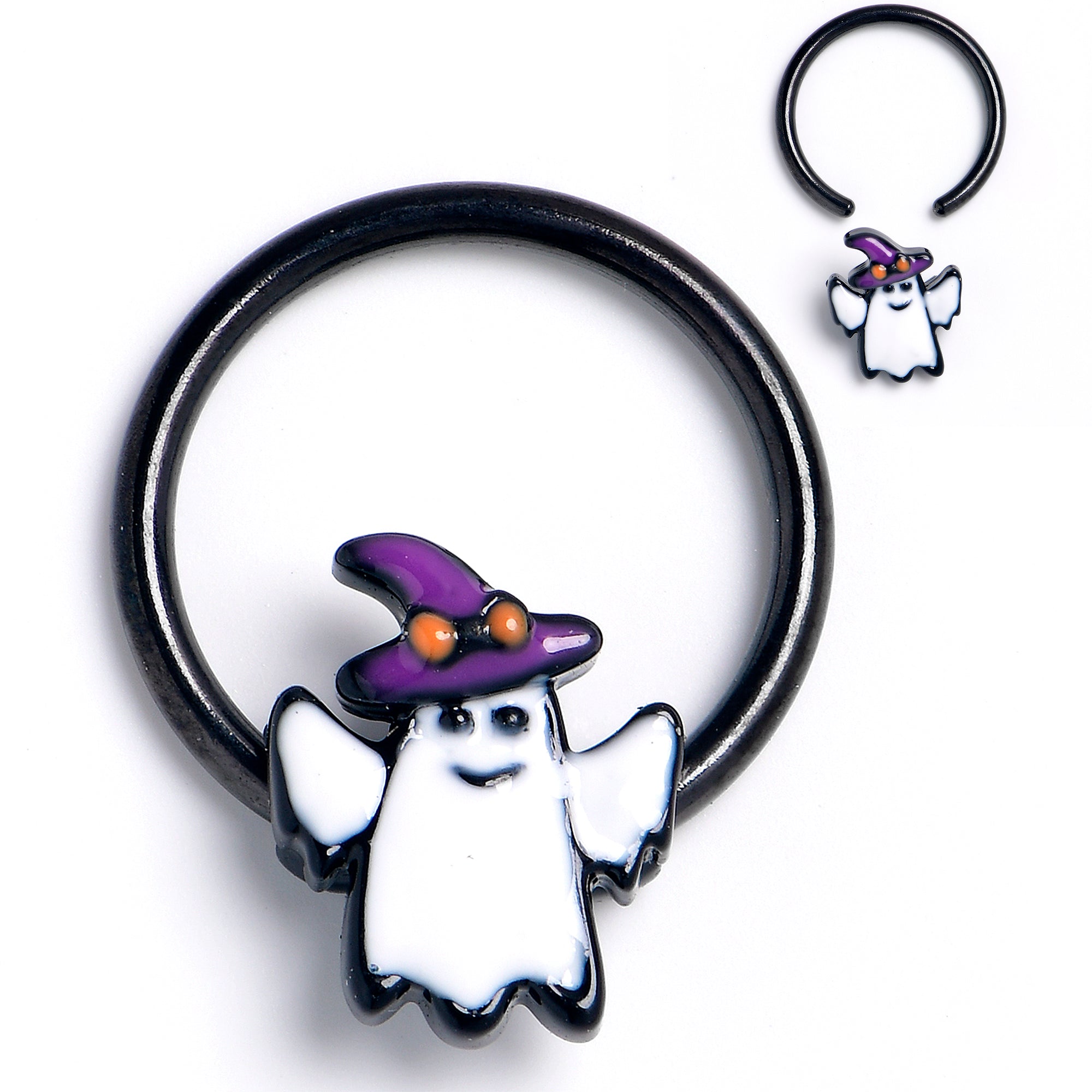 BodyCandy 16G 3/8 Black Witch Hat Ghost Halloween BCR Captive Ring — main product shot
