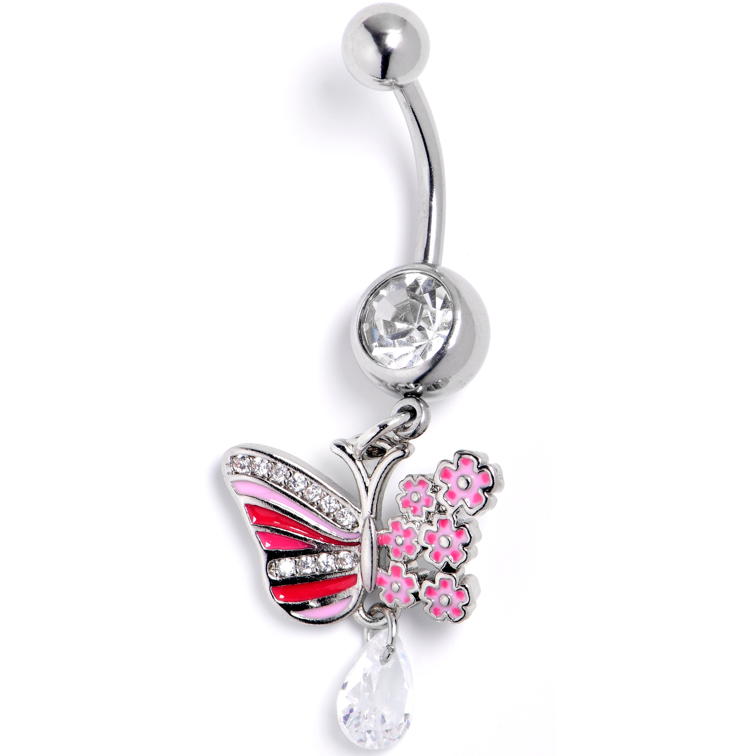 BodyCandy Clear CZ Gem Flowery Butterfly Pink Dangle Belly Ring — main product shot