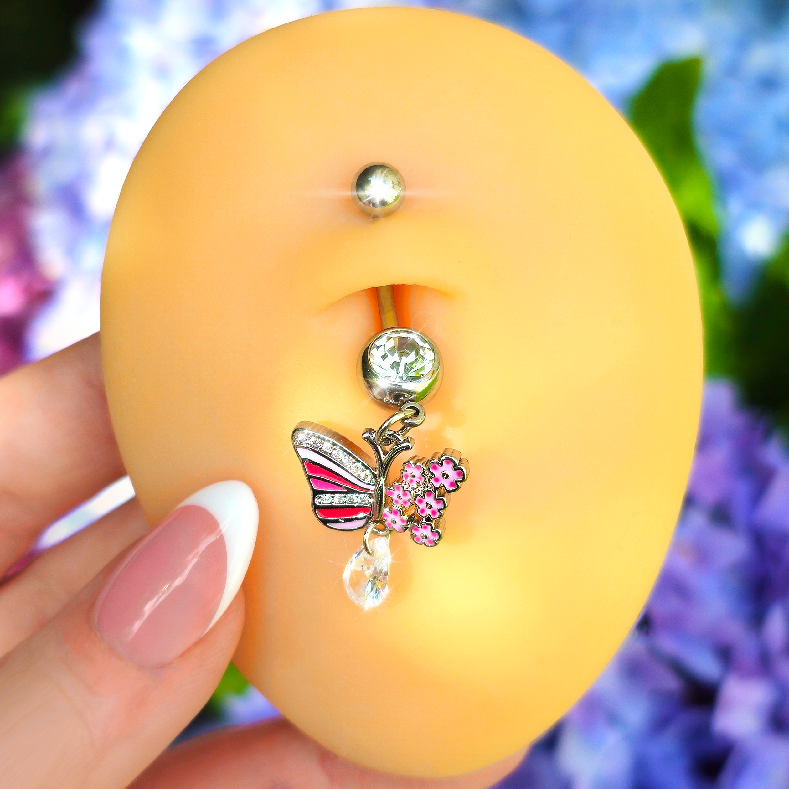 BodyCandy Clear CZ Gem Flowery Butterfly Pink Dangle Belly Ring — detail close-up