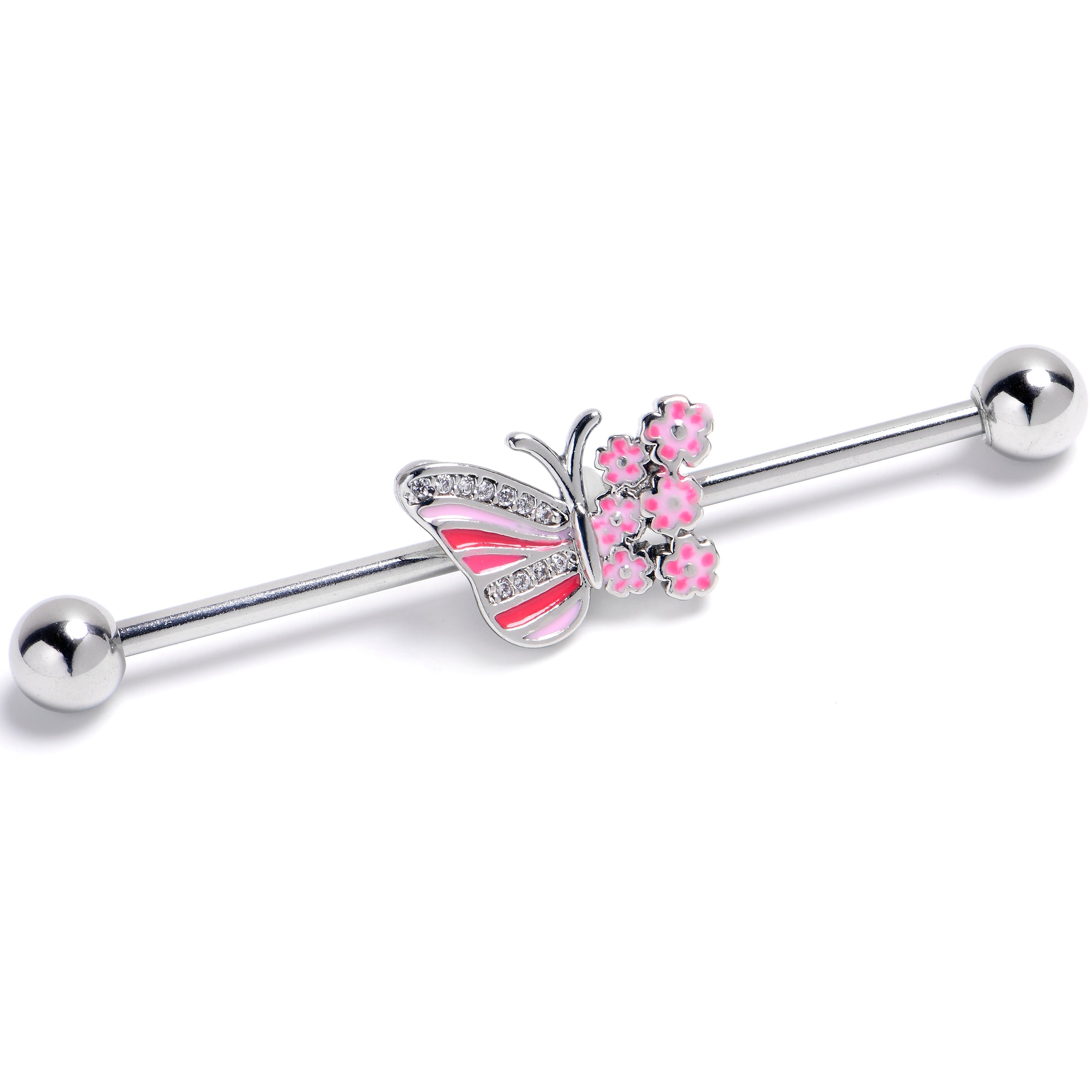 BodyCandy 14G Clear Gem Flowery Butterfly Pink Industrial Barbell 38mm — main product shot