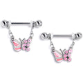 BodyCandy 14G 9/16 Clear Gem Flowery Butterfly Pink Dangle Nipple Ring Set — main product shot