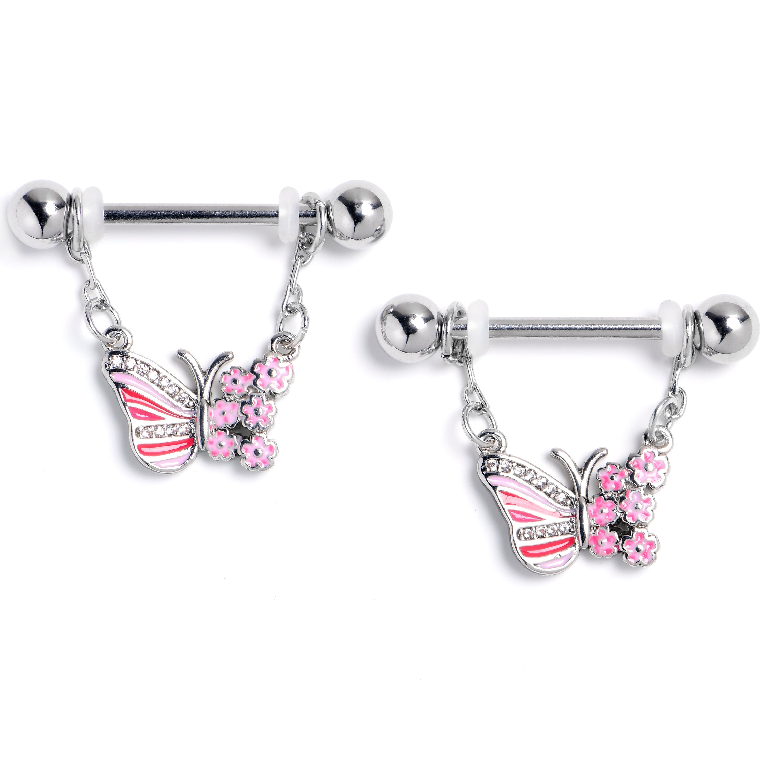 BodyCandy 14G 9/16 Clear Gem Flowery Butterfly Pink Dangle Nipple Ring Set — main product shot