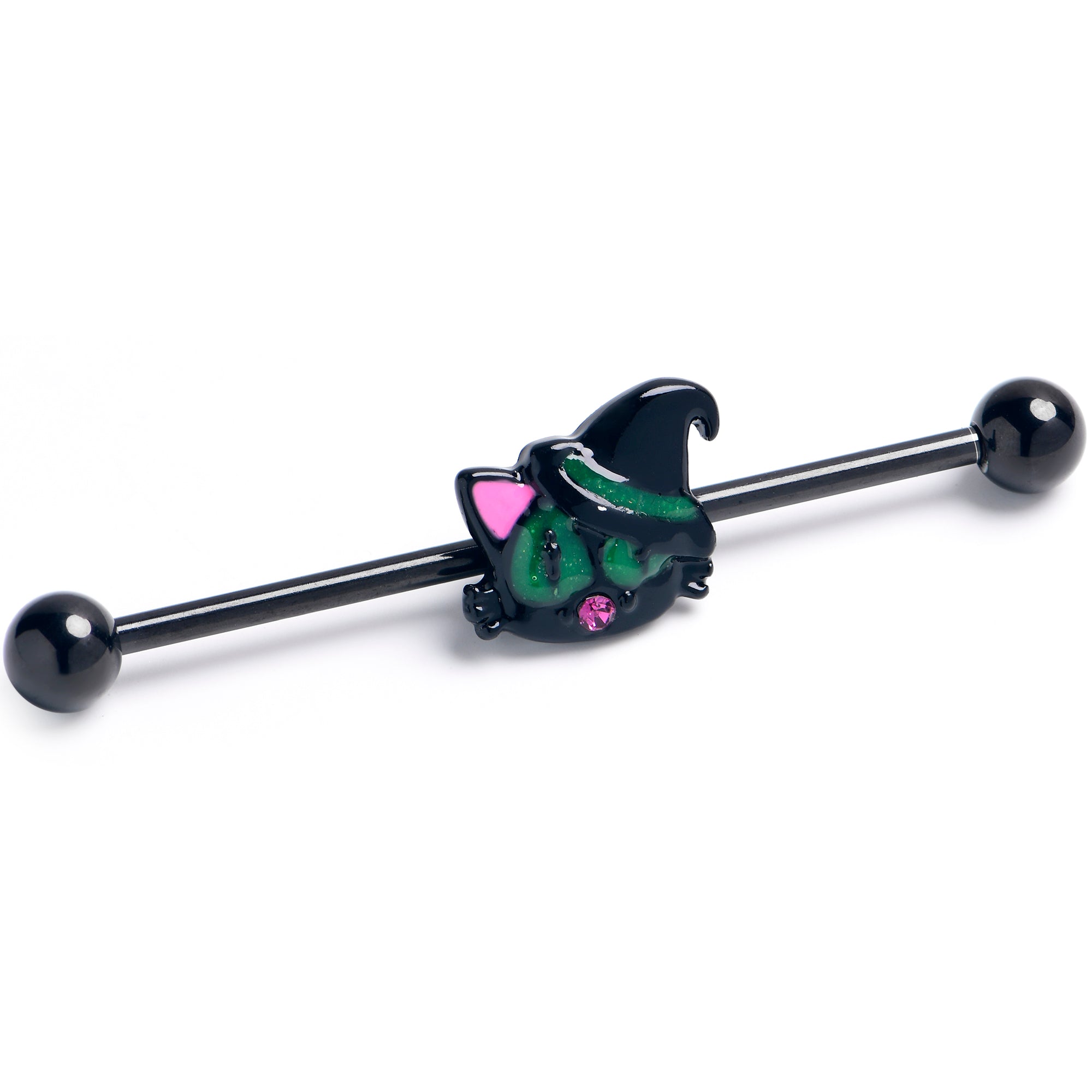 BodyCandy 14G Pink Gem Black Halloween Hat Cat Industrial Barbell 38mm — main product shot