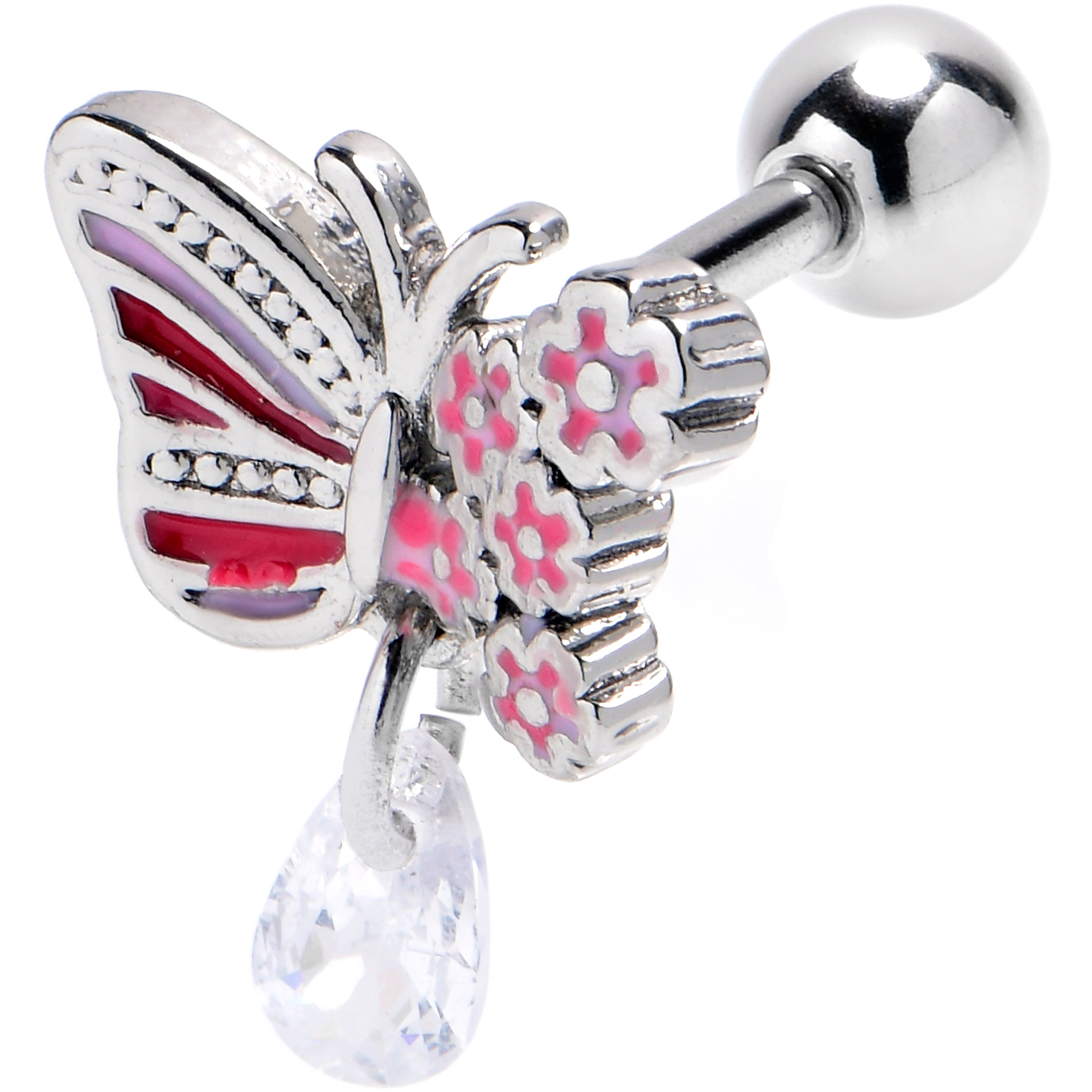 BodyCandy 16G 1/4 Clear Gem Flowery Butterfly Pink Dangle Cartilage Earring — main product shot