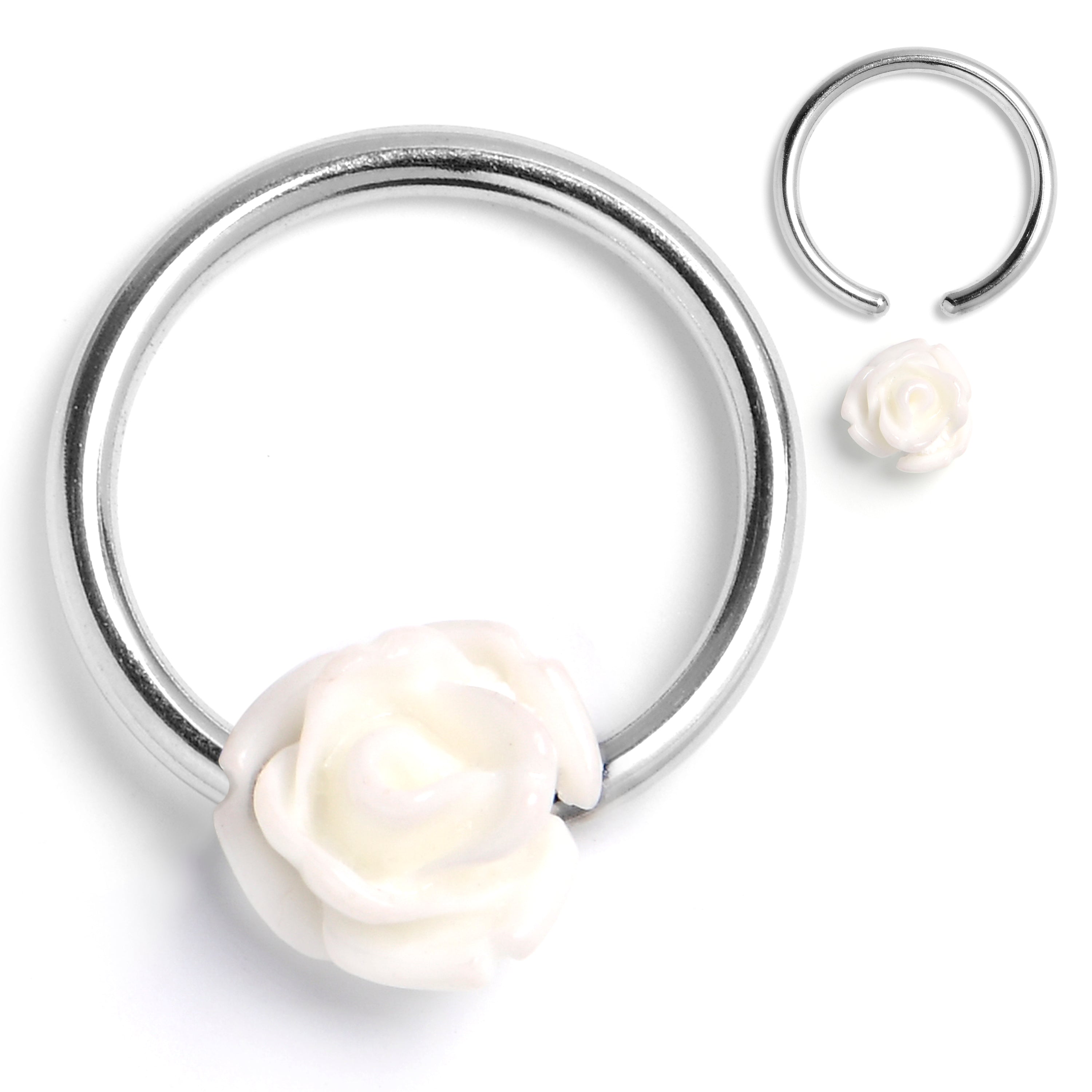 BodyCandy 16G 3/8 Open Bloom Rose White BCR Captive Ring — main product shot