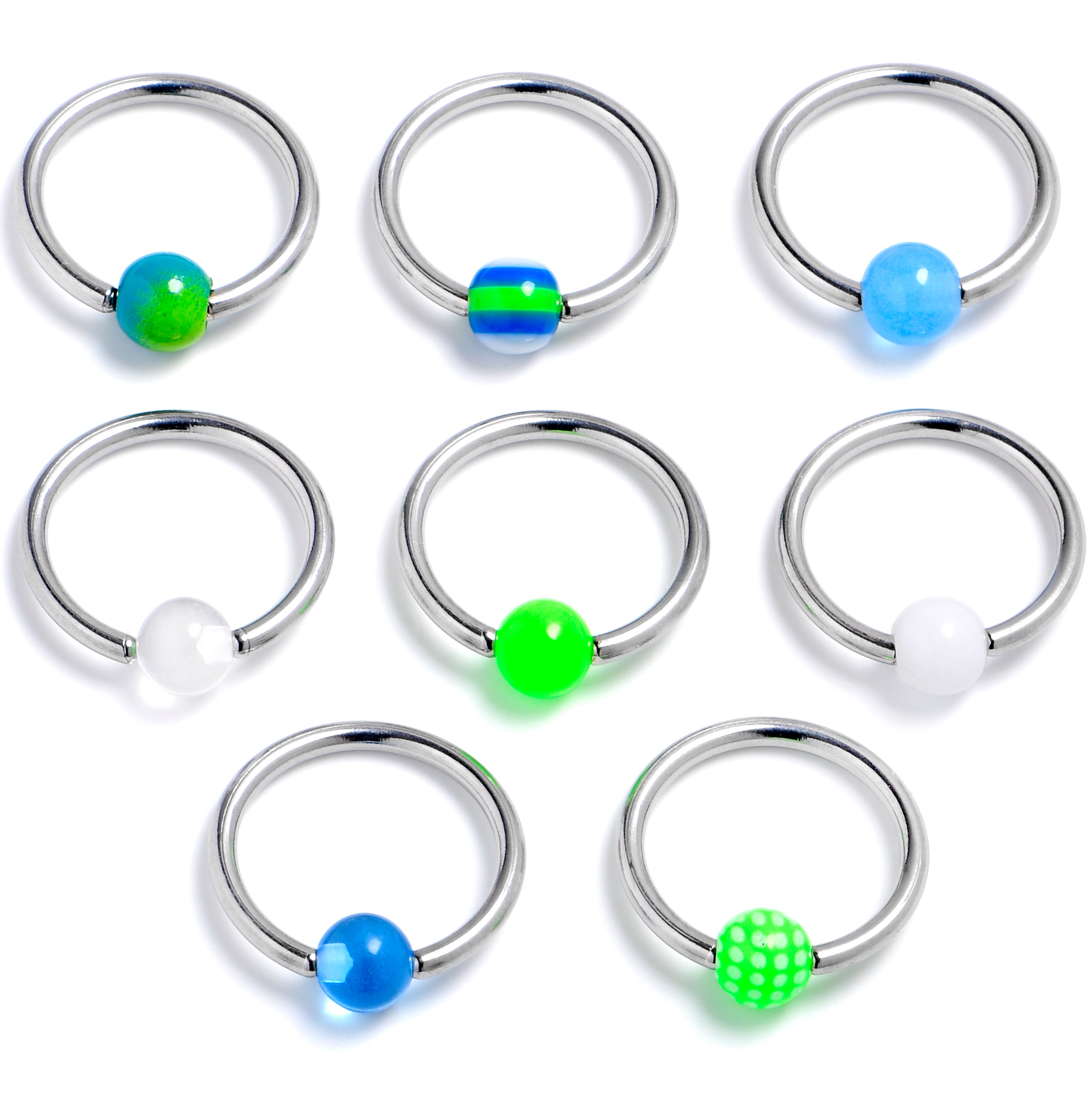 BodyCandy 16G 3/8 Multi Blue Green White BCR Captive Ring Set of 8 — main product shot