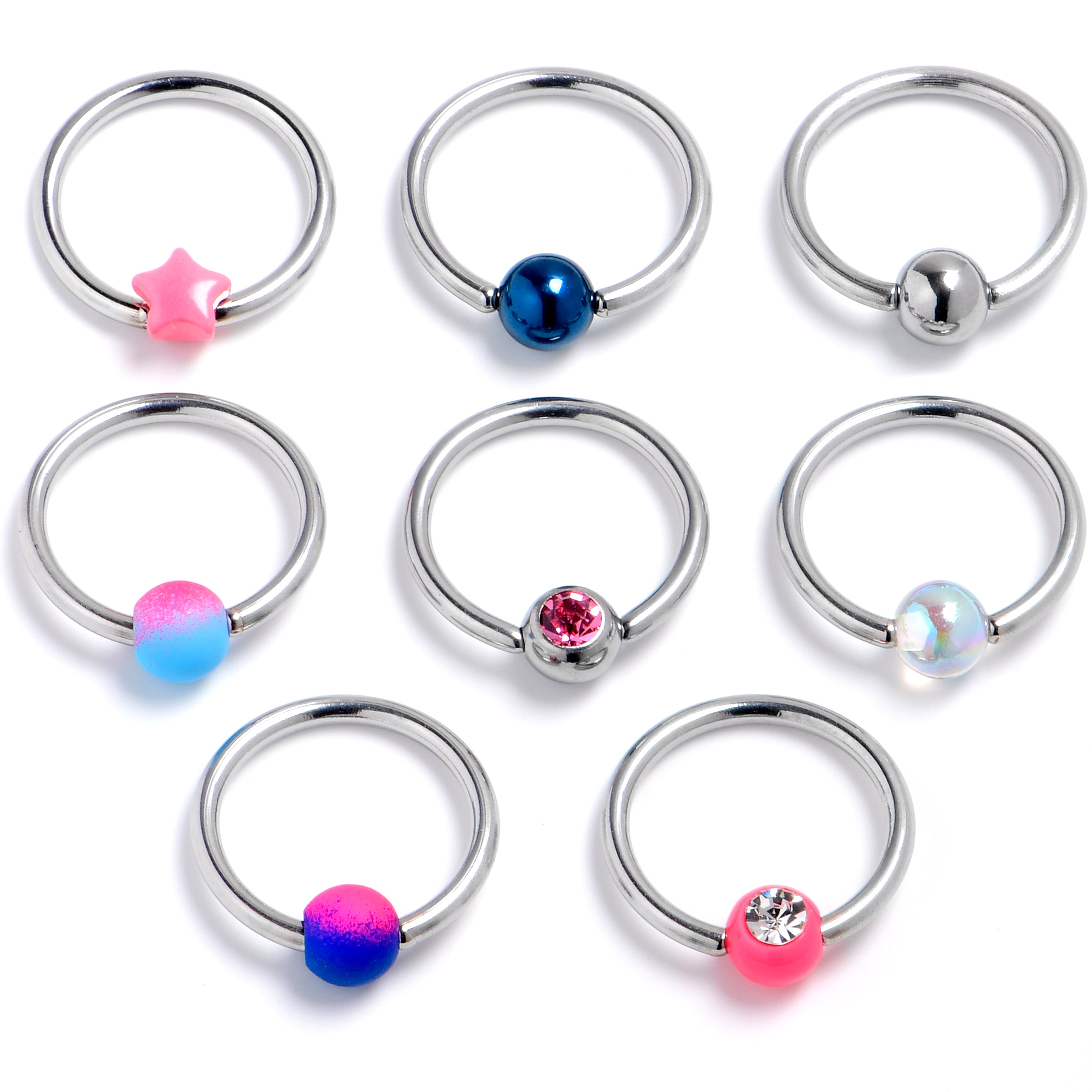 BodyCandy 16G 3/8 Pink Clear Gem Multi Purple Blue BCR Captive Ring Set of 8 — main product shot
