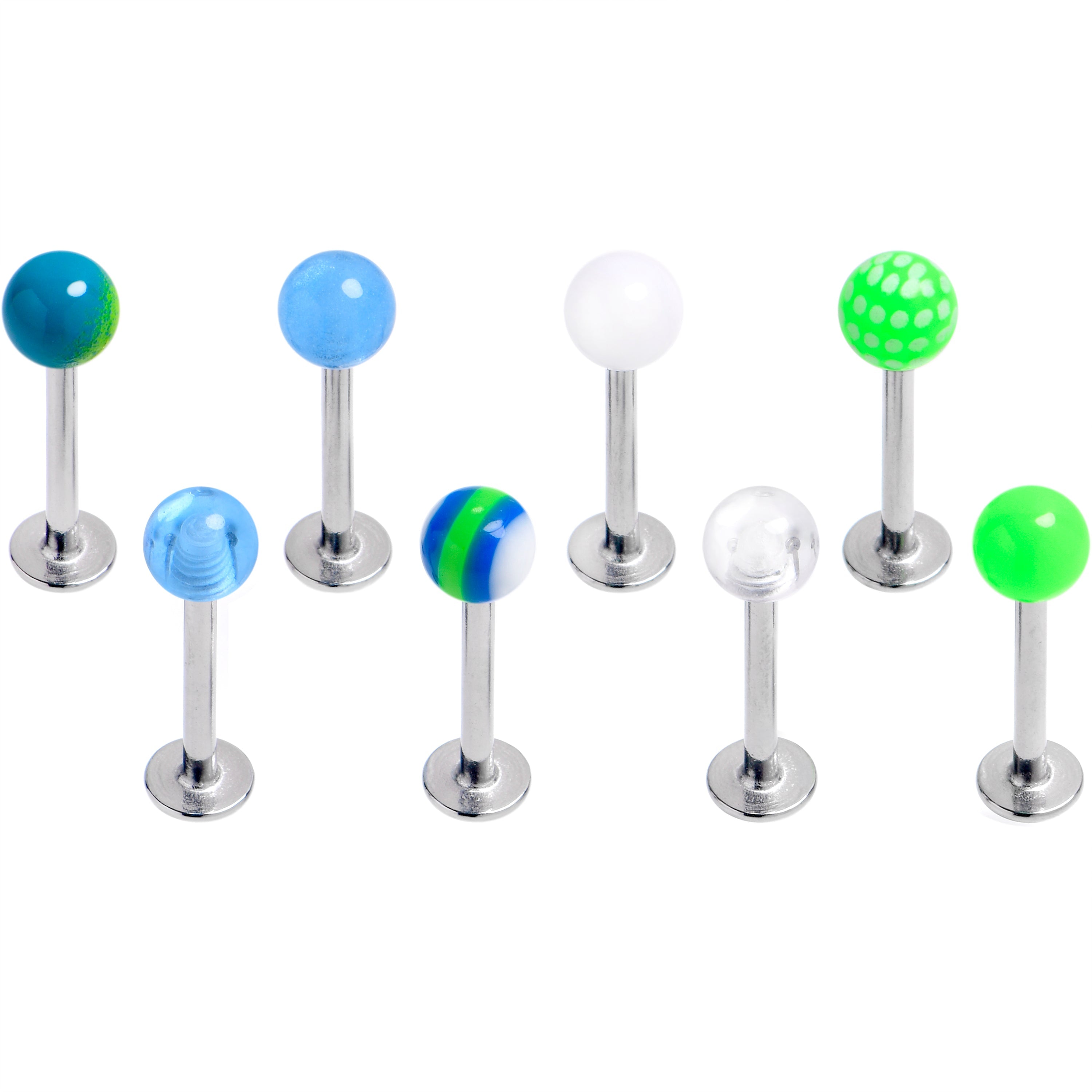 BodyCandy 16G 5/16 Multi Blue Green White Labret Monroe Tragus Set of 8 — main product shot