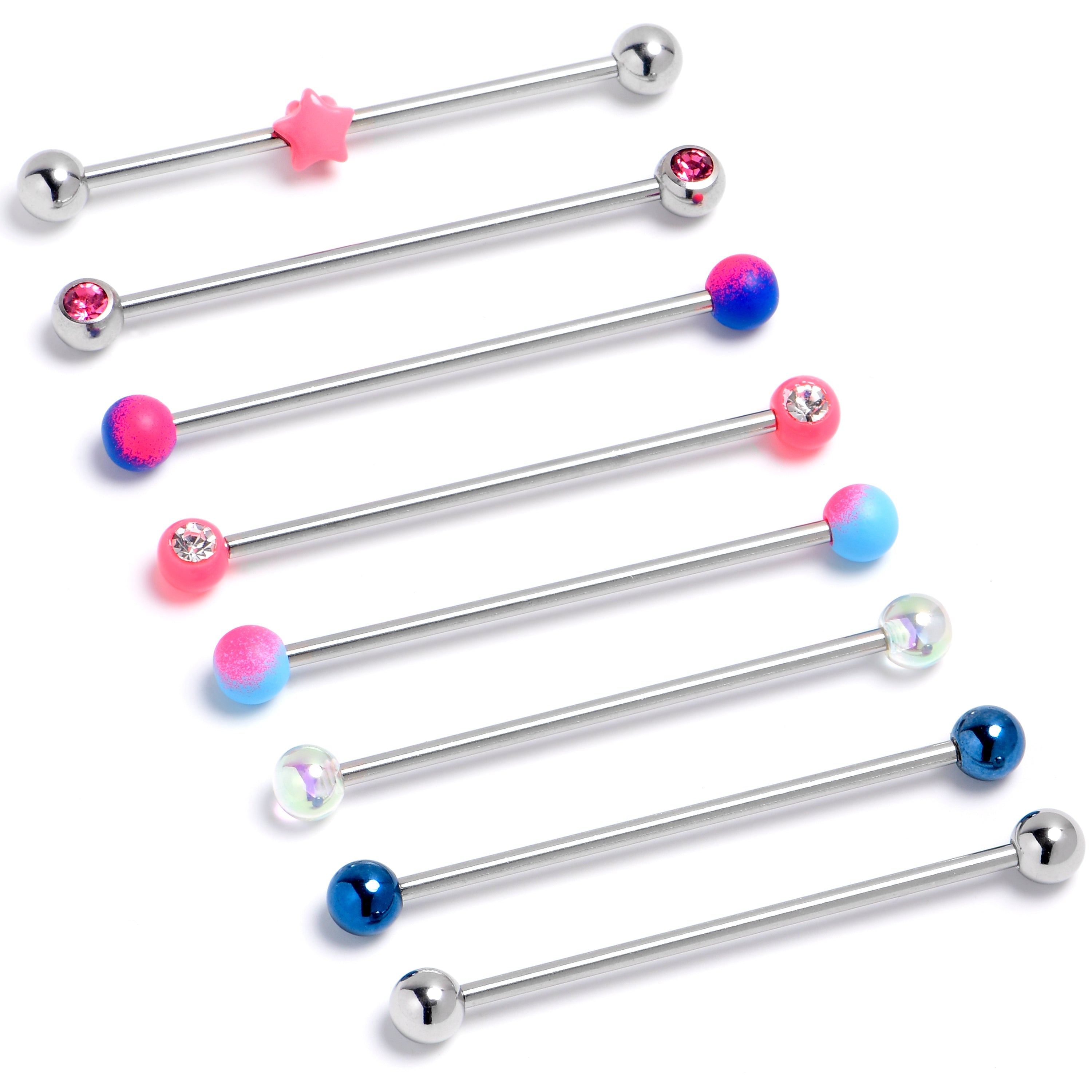 BodyCandy 14G Pink Gem Star Blue Industrial Barbell 38mm Set of 8 — main product shot