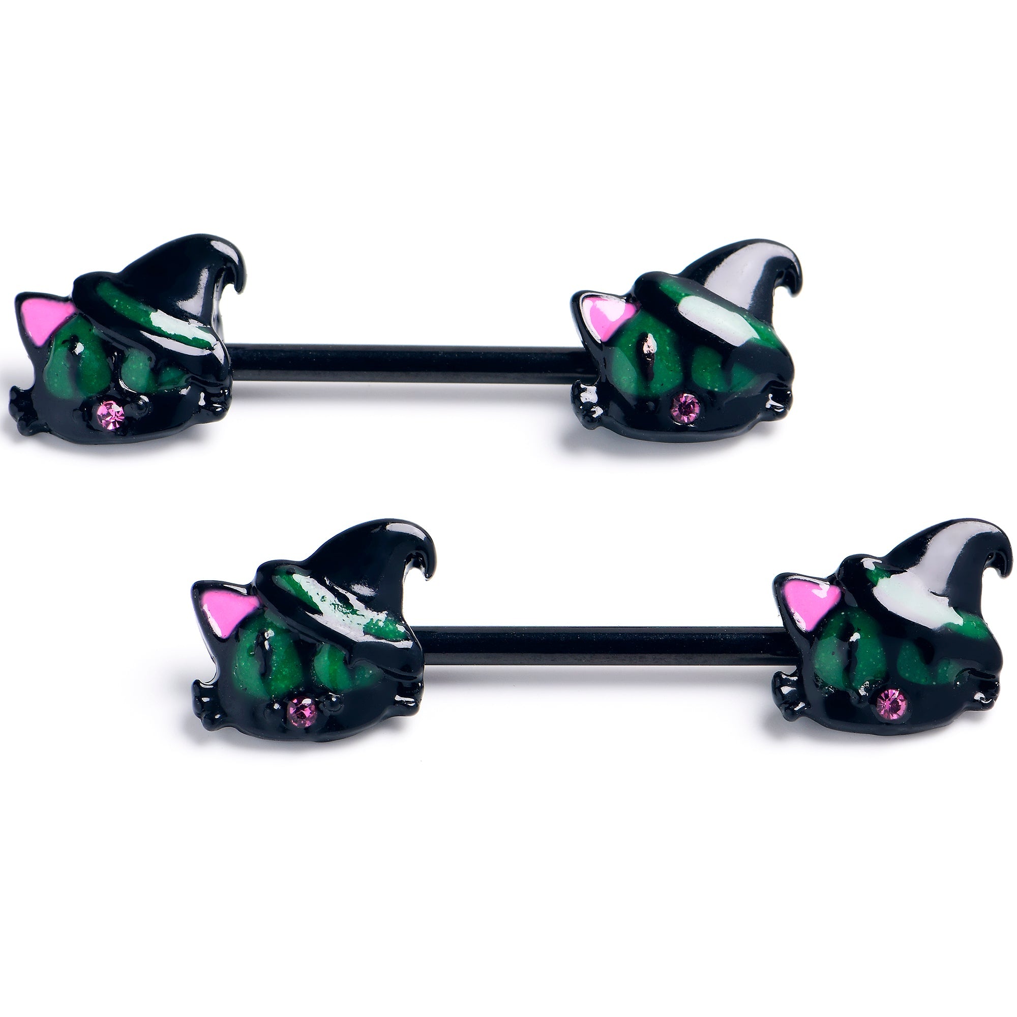 BodyCandy 14G 9/16 Pink Gem Black Halloween Hat Cat Barbell Nipple Ring Set — main product shot