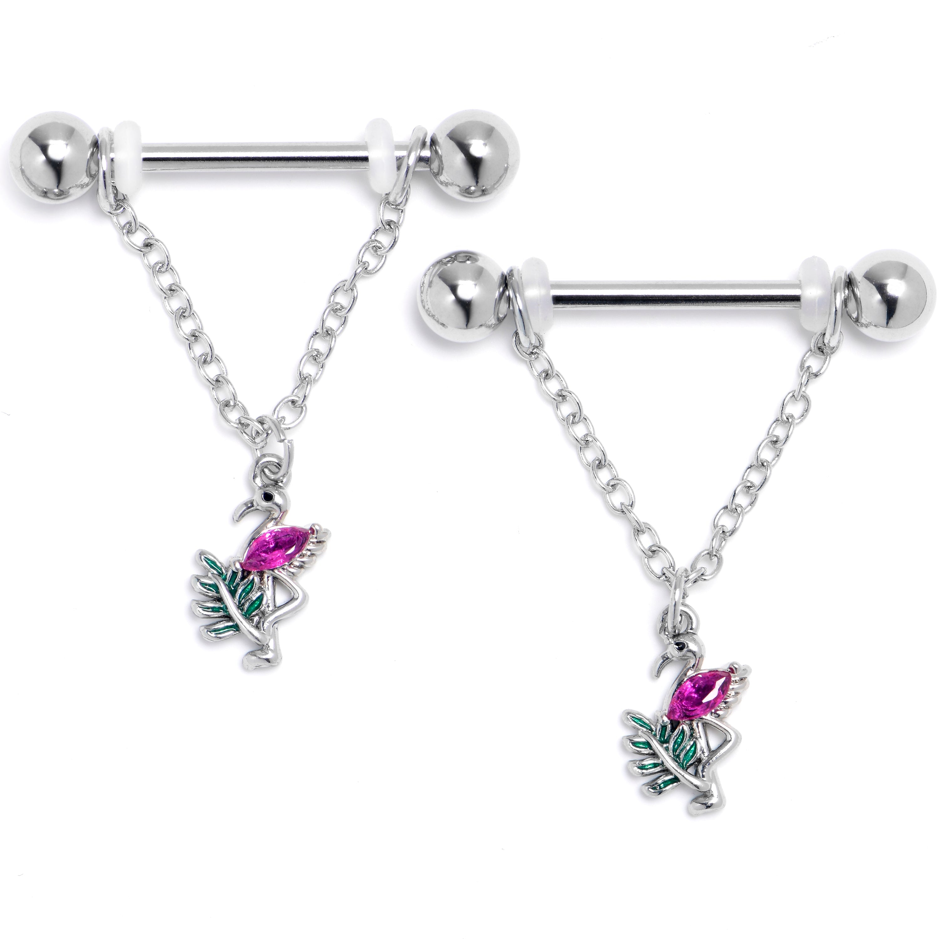 BodyCandy 14G 9/16 Pink Gem Fabulous Flamingo Chain Dangle Nipple Ring Set — main product shot