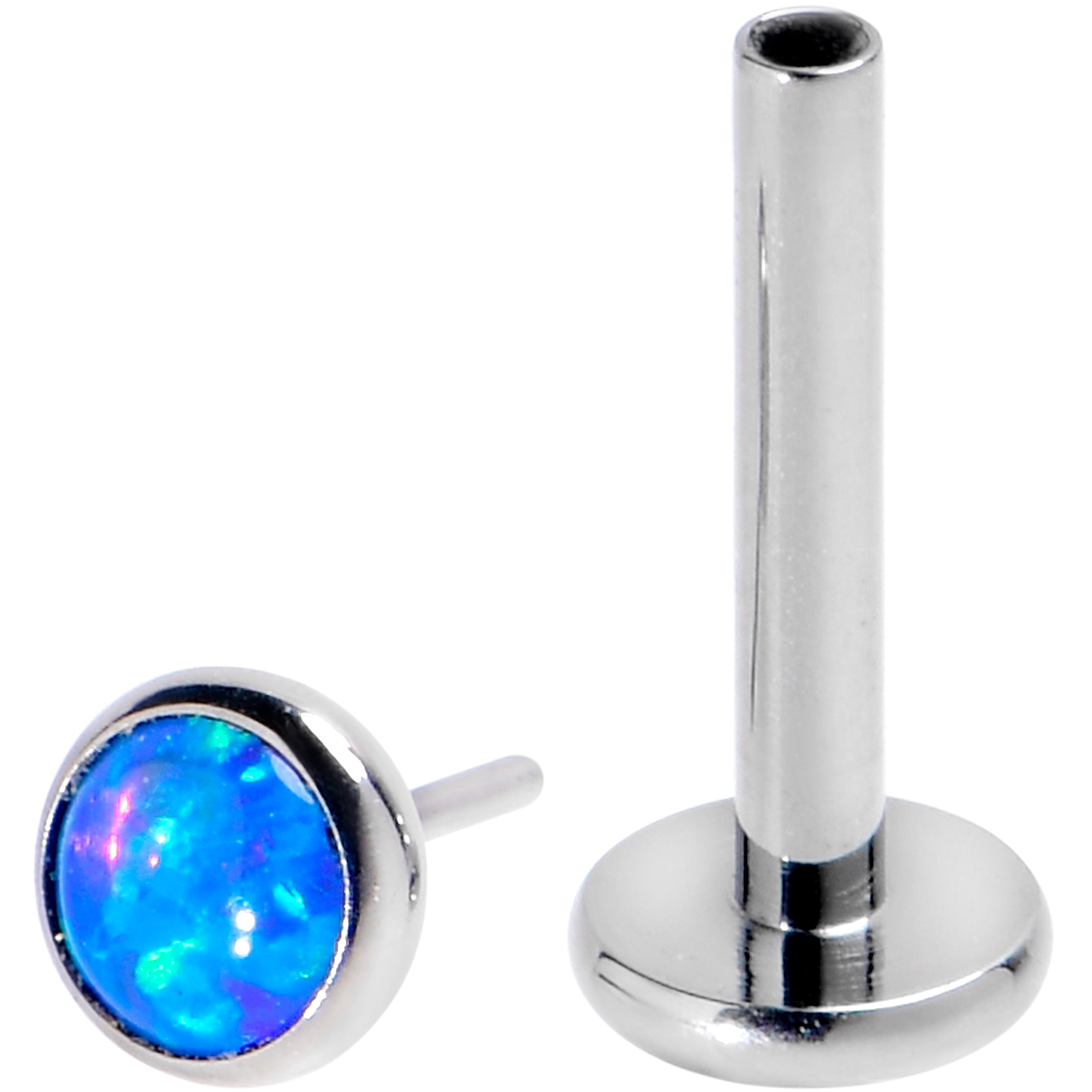 BodyCandy 16G 5/16 Blue Synthetic Opal G23 Titanium Threadless Push In Labret — detail close-up