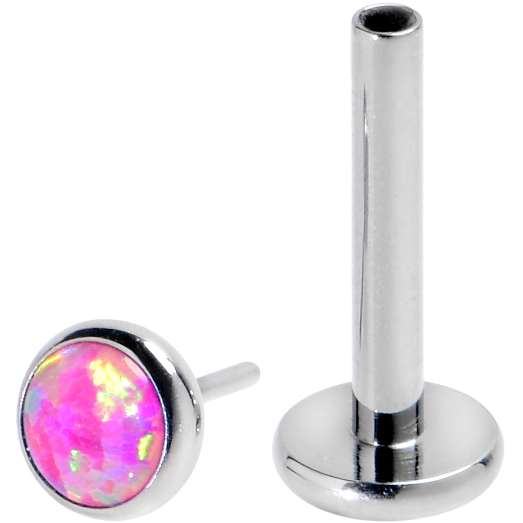 BodyCandy 16G 5/16 Pink Synthetic Opal G23 Titanium Threadless Push In Labret — detail close-up