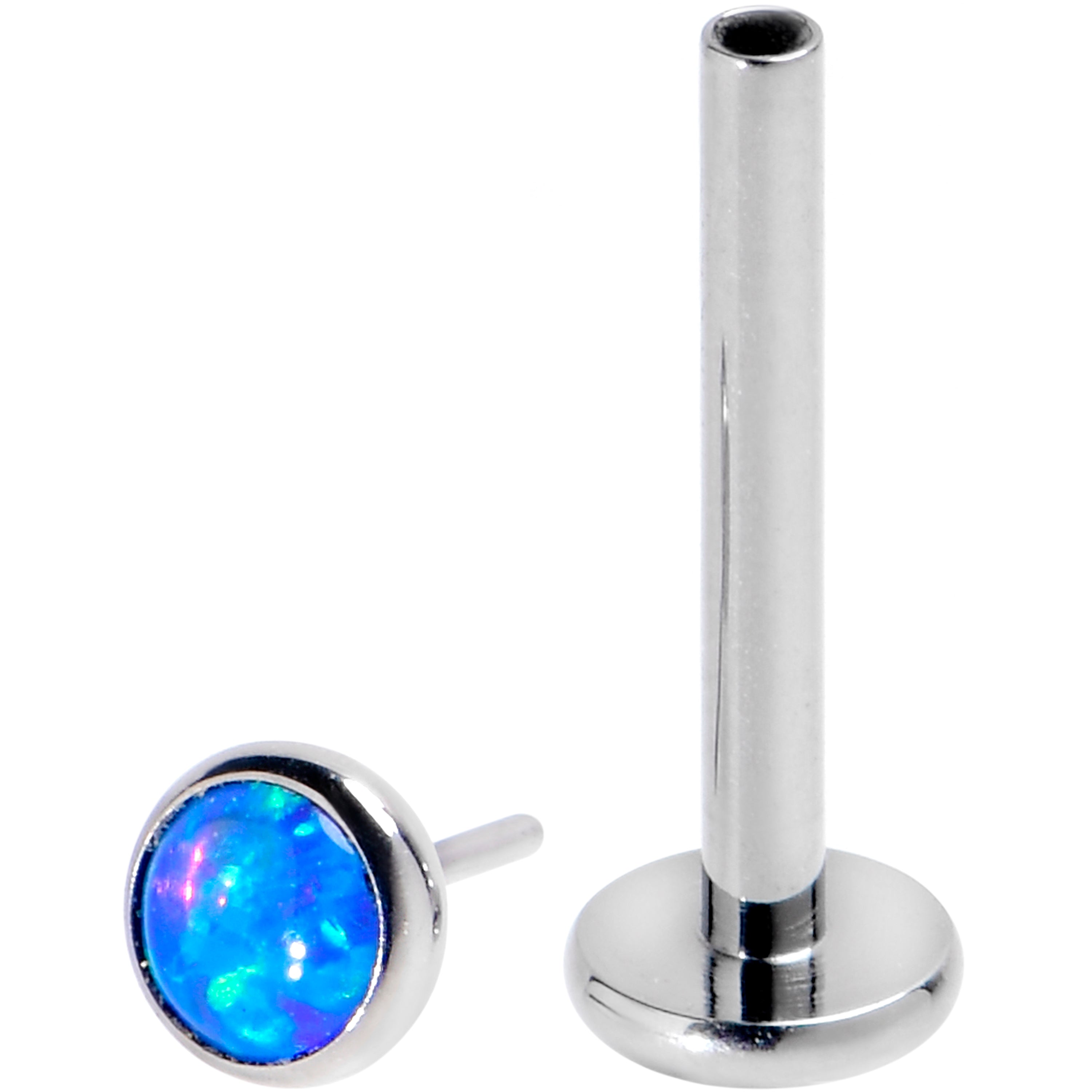 BodyCandy 16G 3/8 Blue Synthetic Opal G23 Titanium Threadless Push In Labret — detail close-up