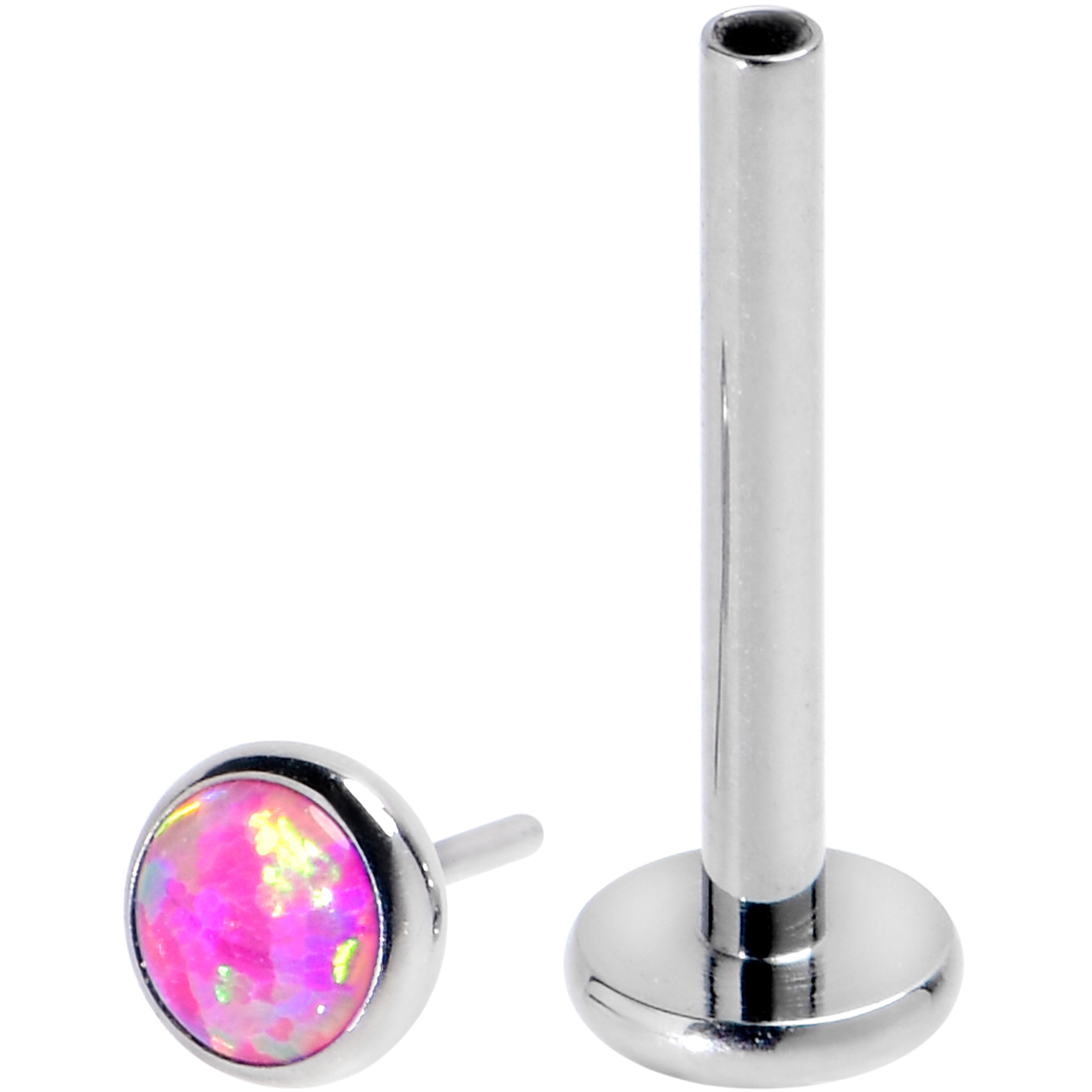 BodyCandy 16G 3/8 Pink Synthetic Opal G23 Titanium Threadless Push In Labret — detail close-up