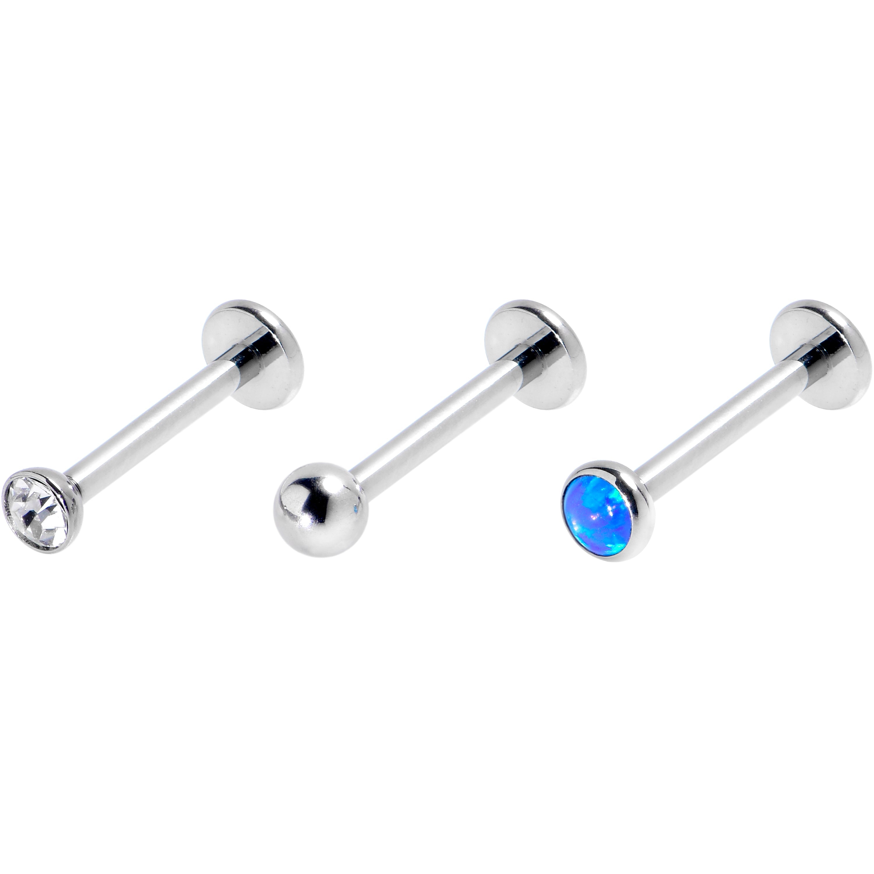 BodyCandy 16G 3/8 Blue Synthetic Opal G23 Titanium Threadless Push In Labret Set of 3 — main product shot