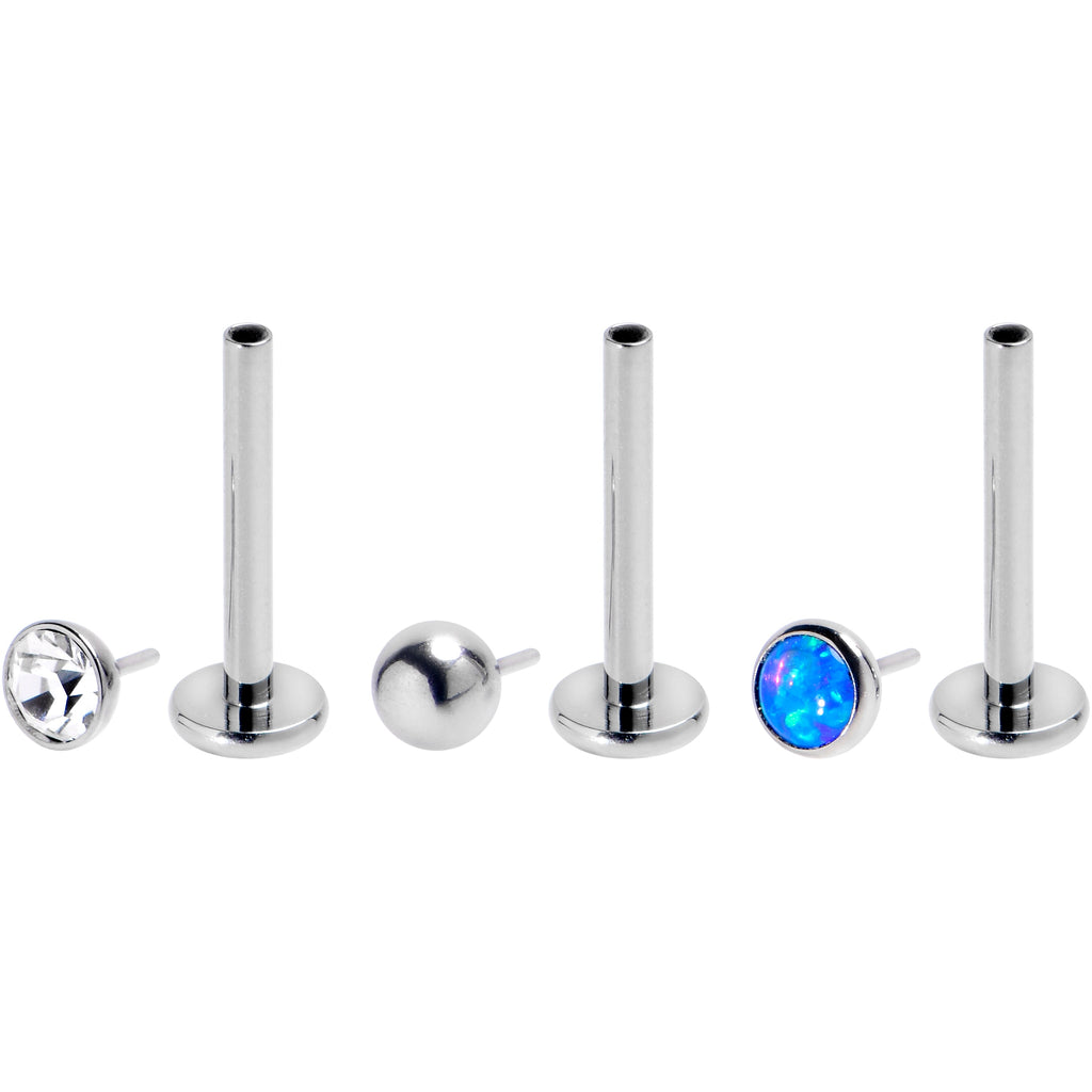BodyCandy 16G 3/8 Blue Synthetic Opal G23 Titanium Threadless Push In Labret Set of 3 — detail close-up