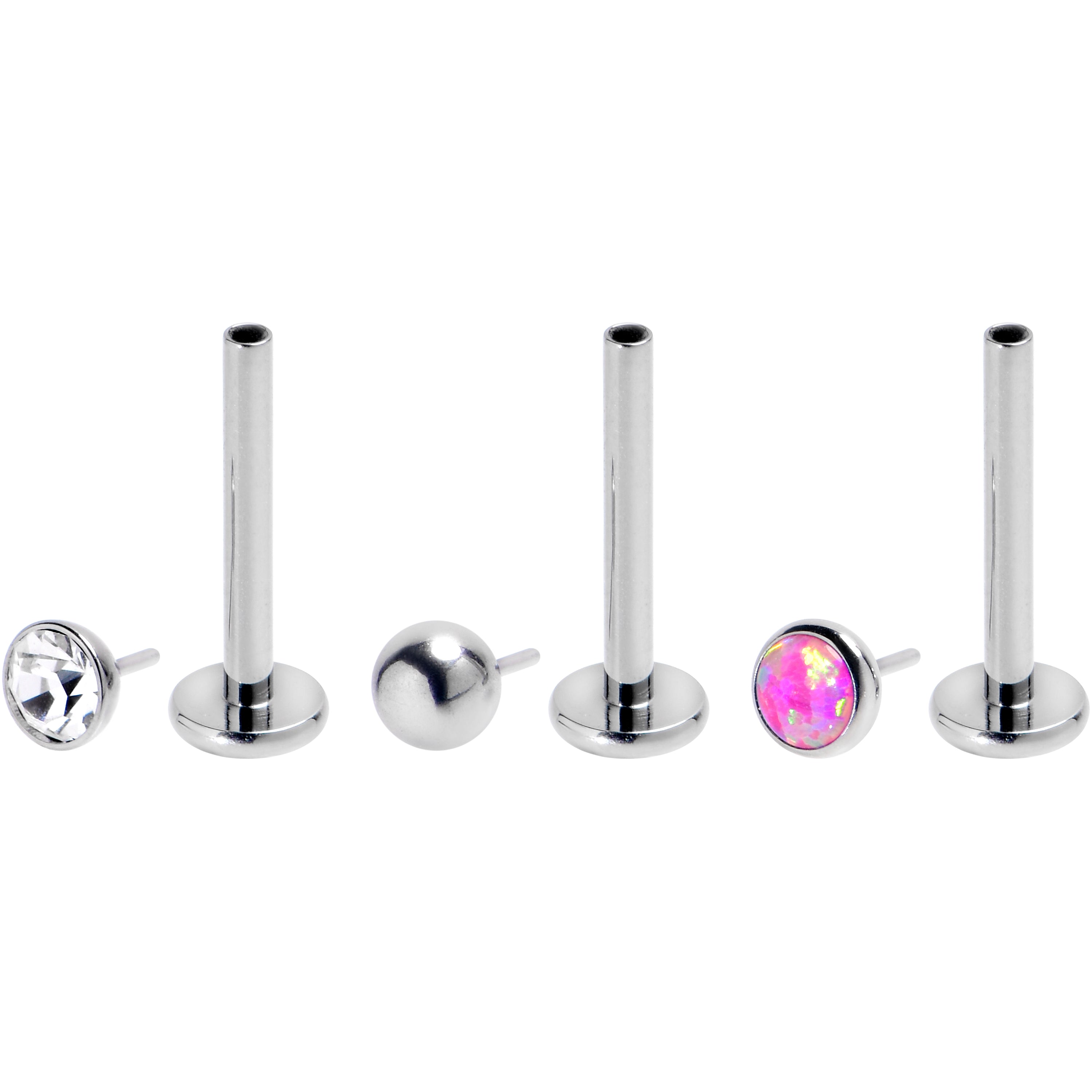 BodyCandy 16G 3/8 Pink Synthetic Opal G23 Titanium Threadless Push In Labret Set of 3 — detail close-up
