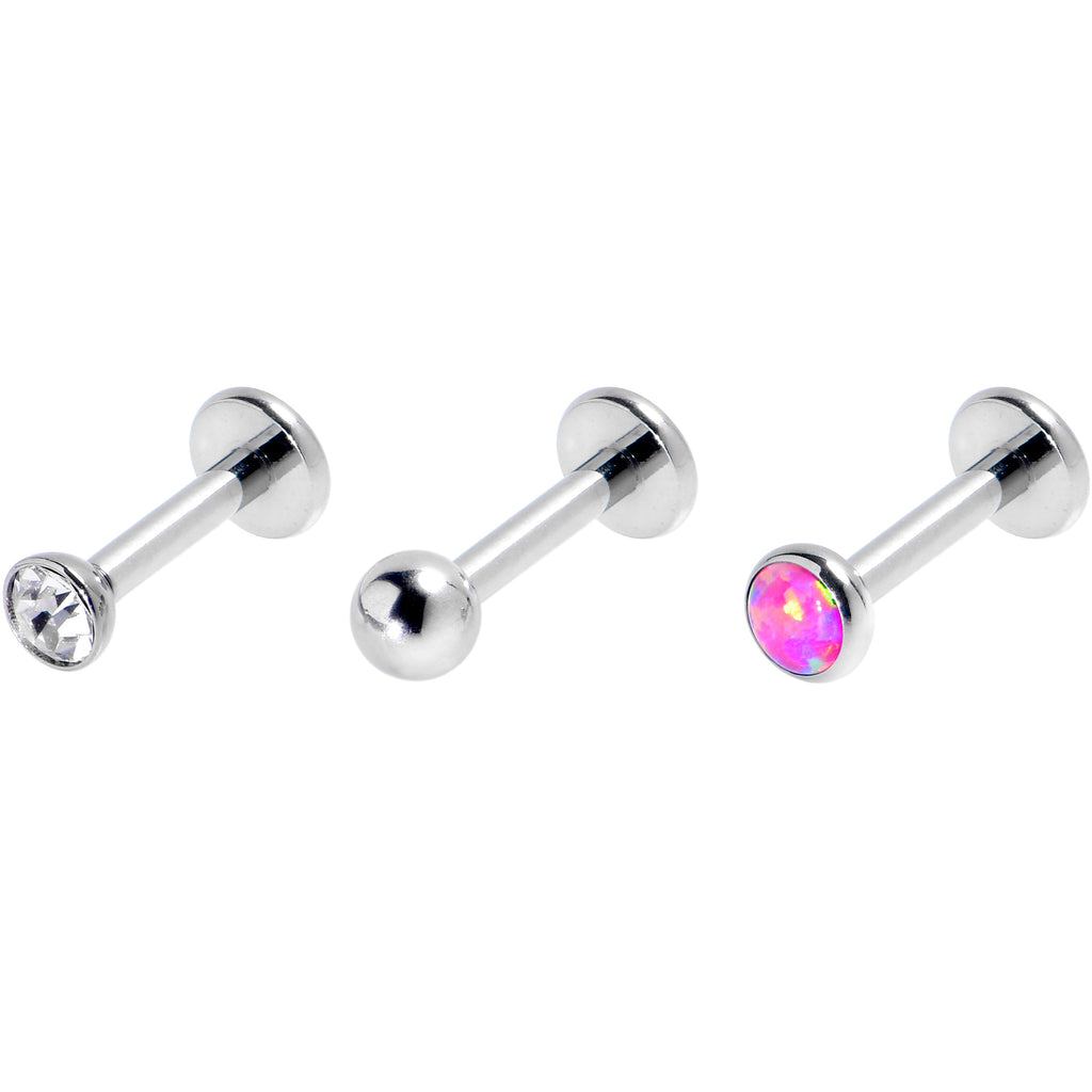 BodyCandy 16G 1/4 Pink Synthetic Opal G23 Titanium Threadless Push In Labret Set of 3 — main product shot