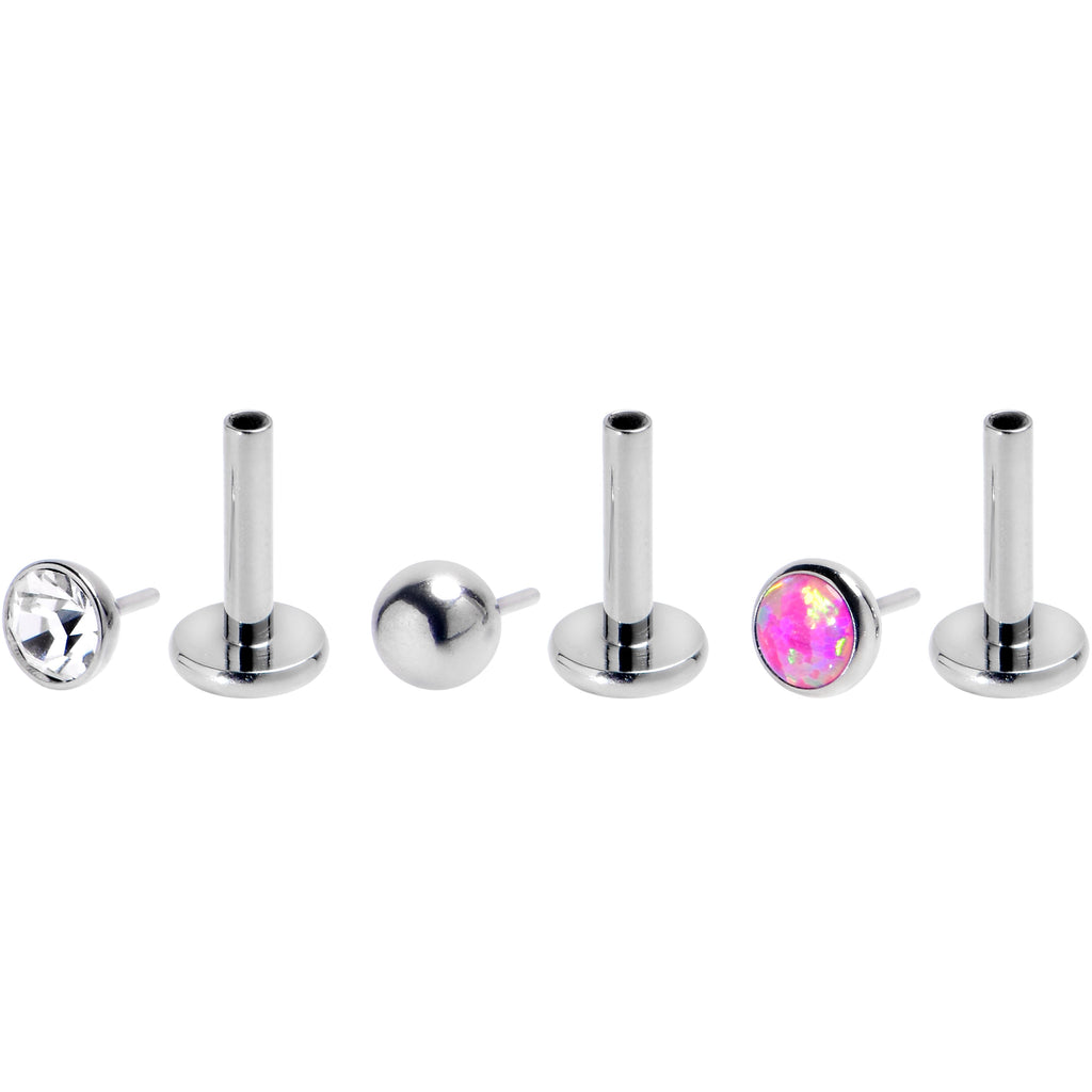 BodyCandy 16G 1/4 Pink Synthetic Opal G23 Titanium Threadless Push In Labret Set of 3 — detail close-up