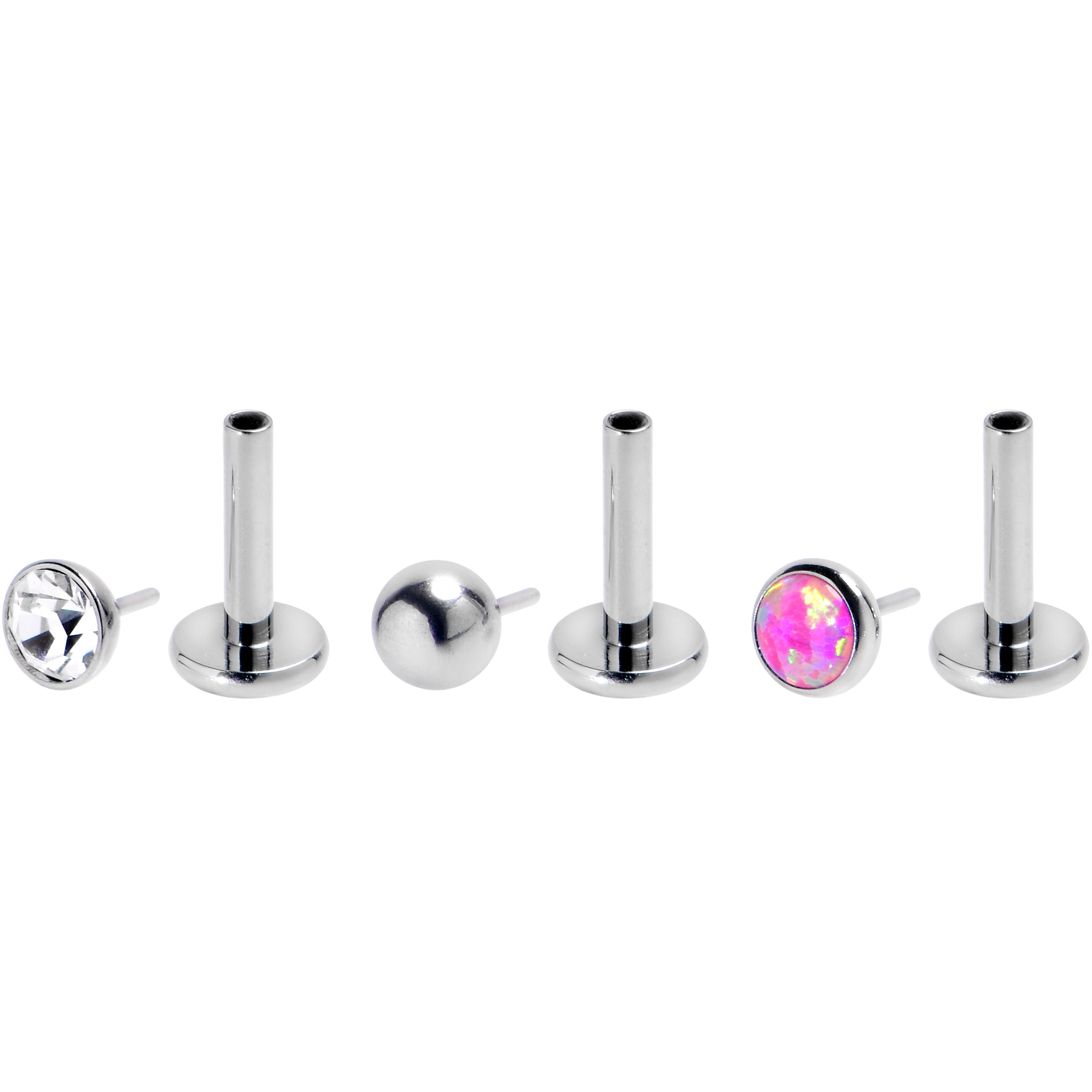 BodyCandy 16G 1/4 Pink Synthetic Opal G23 Titanium Threadless Push In Labret Set of 3 — detail close-up