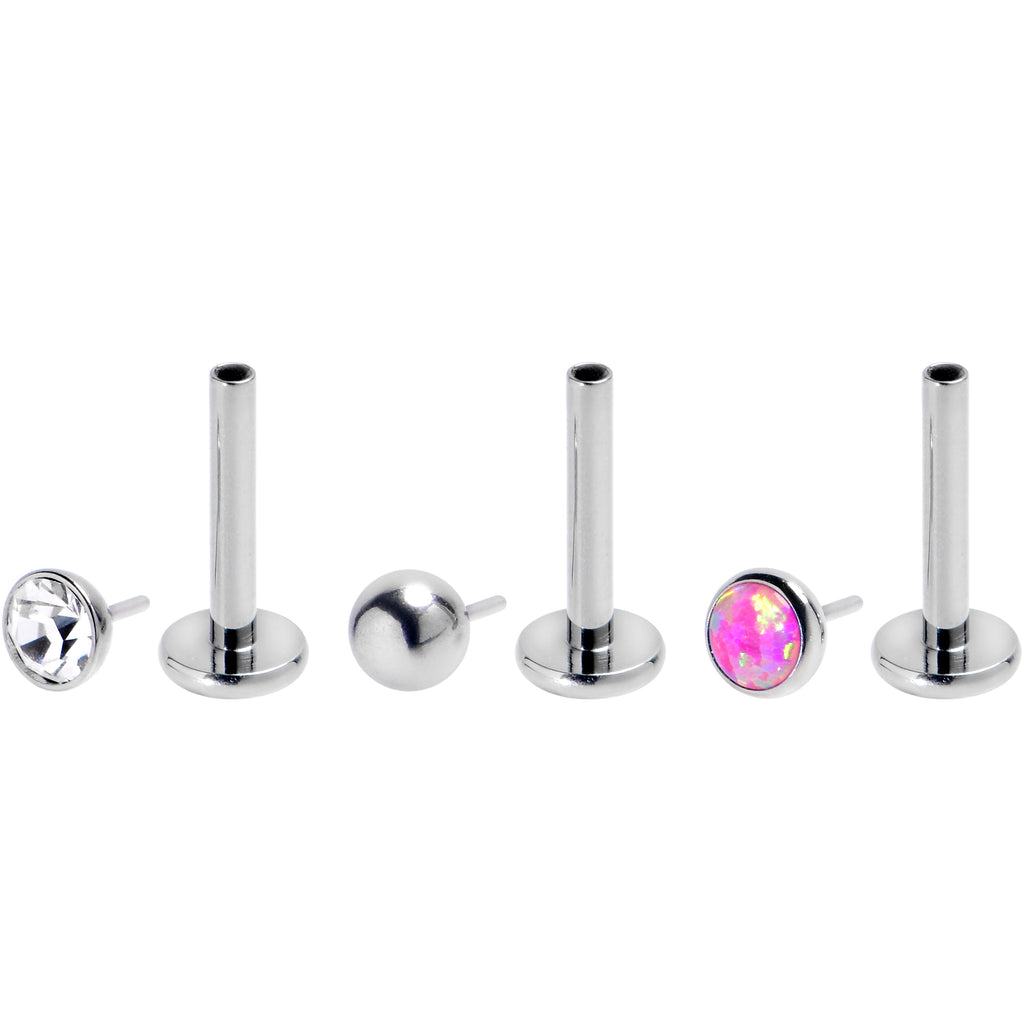 BodyCandy 16G 5/16 Pink Synthetic Opal G23 Titanium Threadless Push In Labret Set of 3 — detail close-up