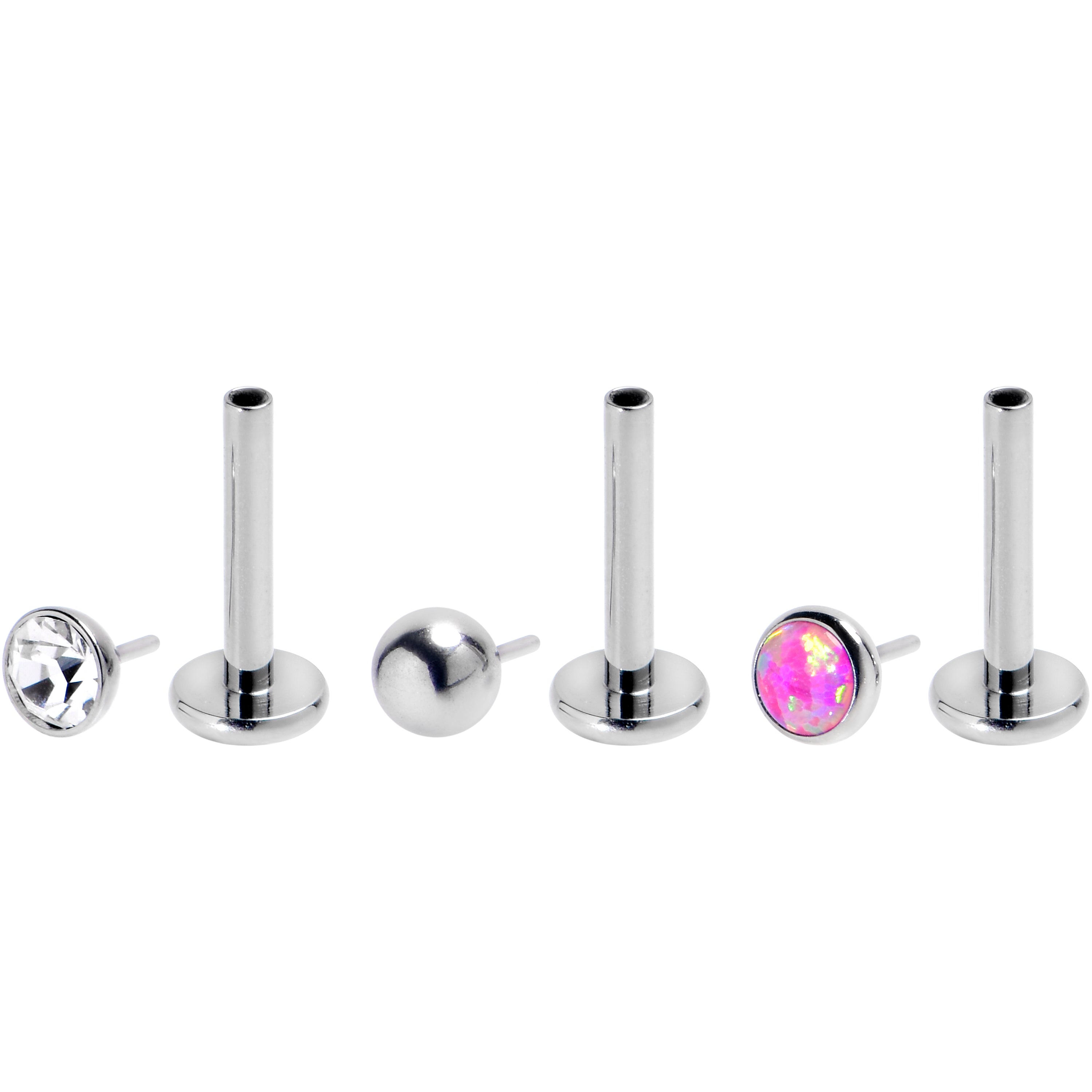 BodyCandy 16G 5/16 Pink Synthetic Opal G23 Titanium Threadless Push In Labret Set of 3 — detail close-up