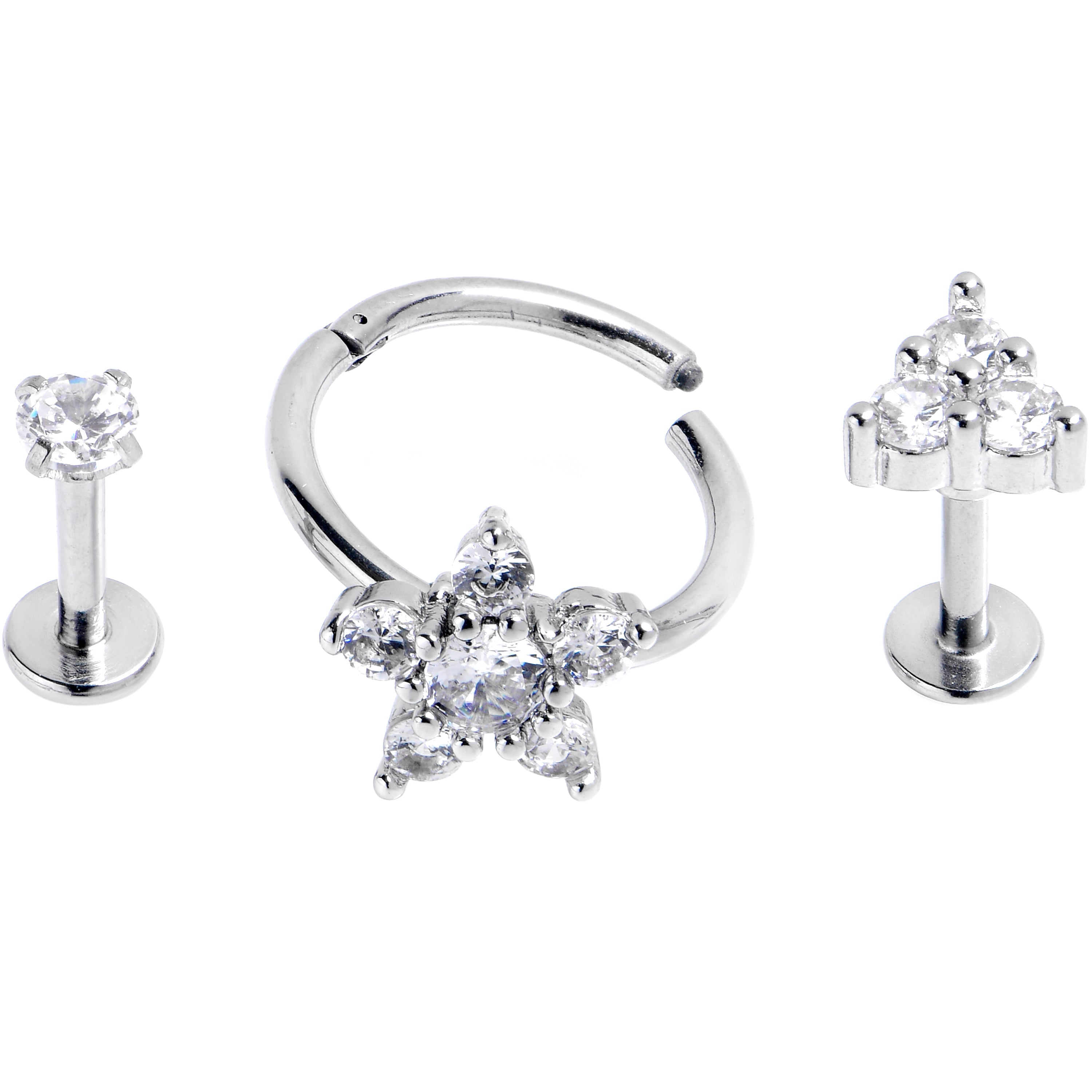 BodyCandy 16G Clear CZ Gem Glam Style Star Labret Segment Ring Set of 3 — main product shot