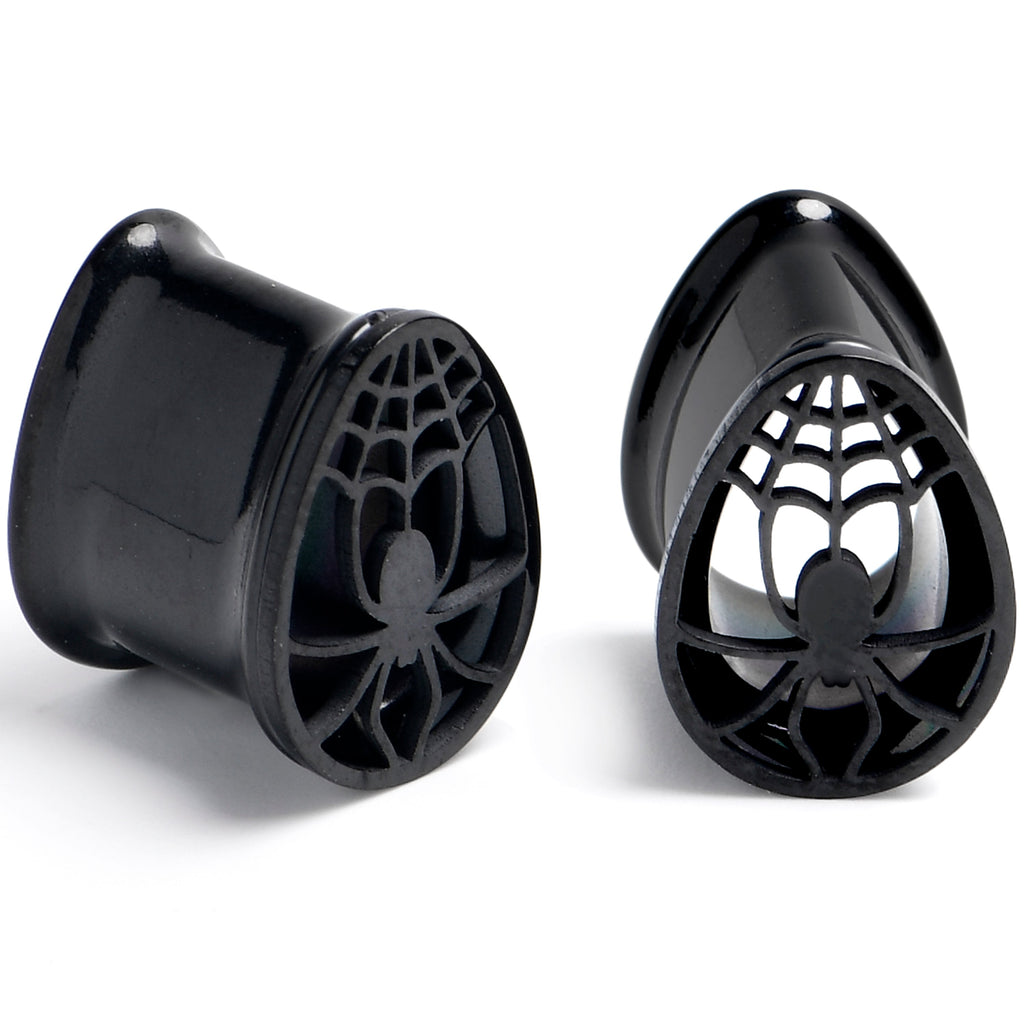 BodyCandy Black Spider Web Double Flare Teardrop Tunnel Plug Set Sizes 8mm to 16mm — detail close-up