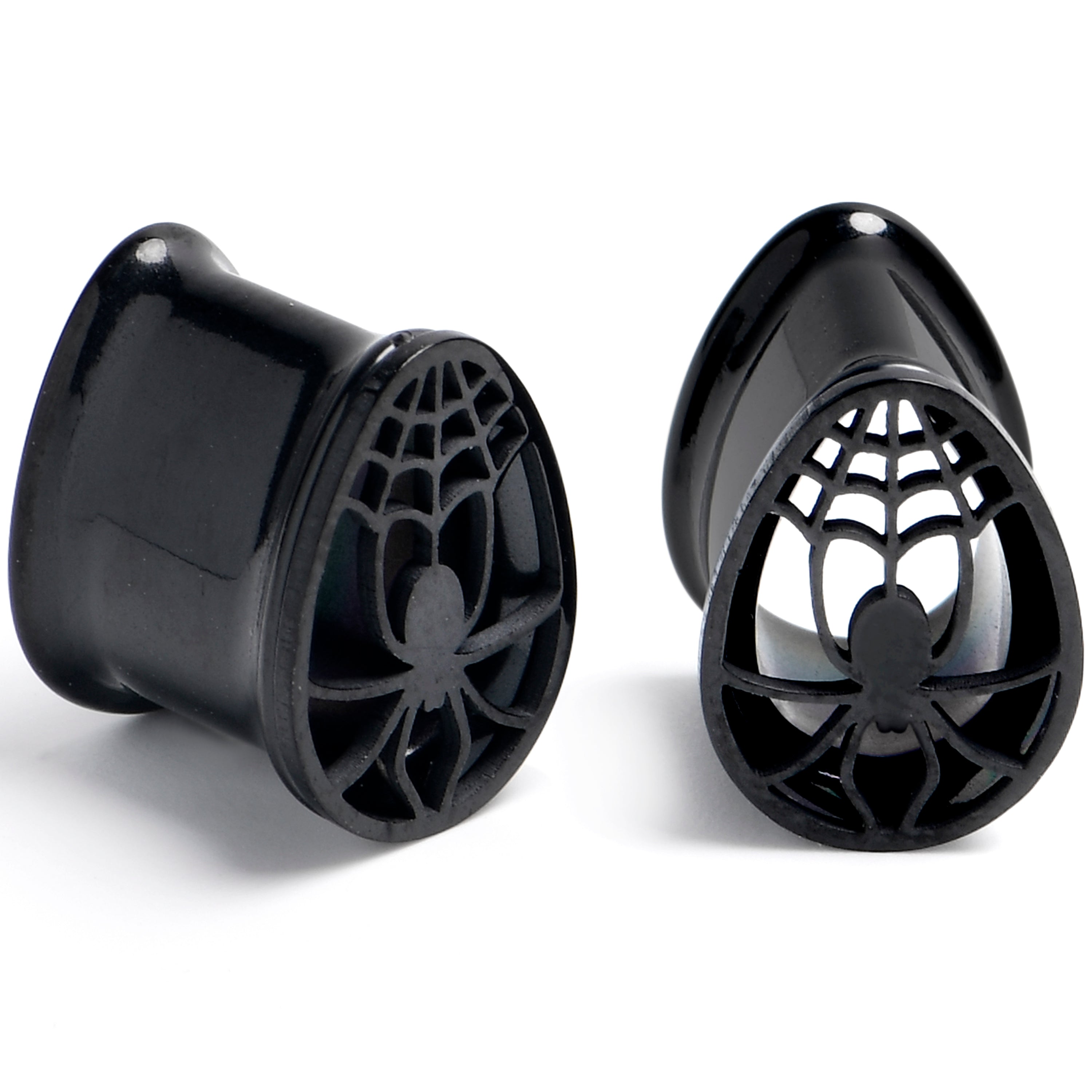 BodyCandy Black Spider Web Double Flare Teardrop Tunnel Plug Set Sizes 8mm to 16mm — detail close-up