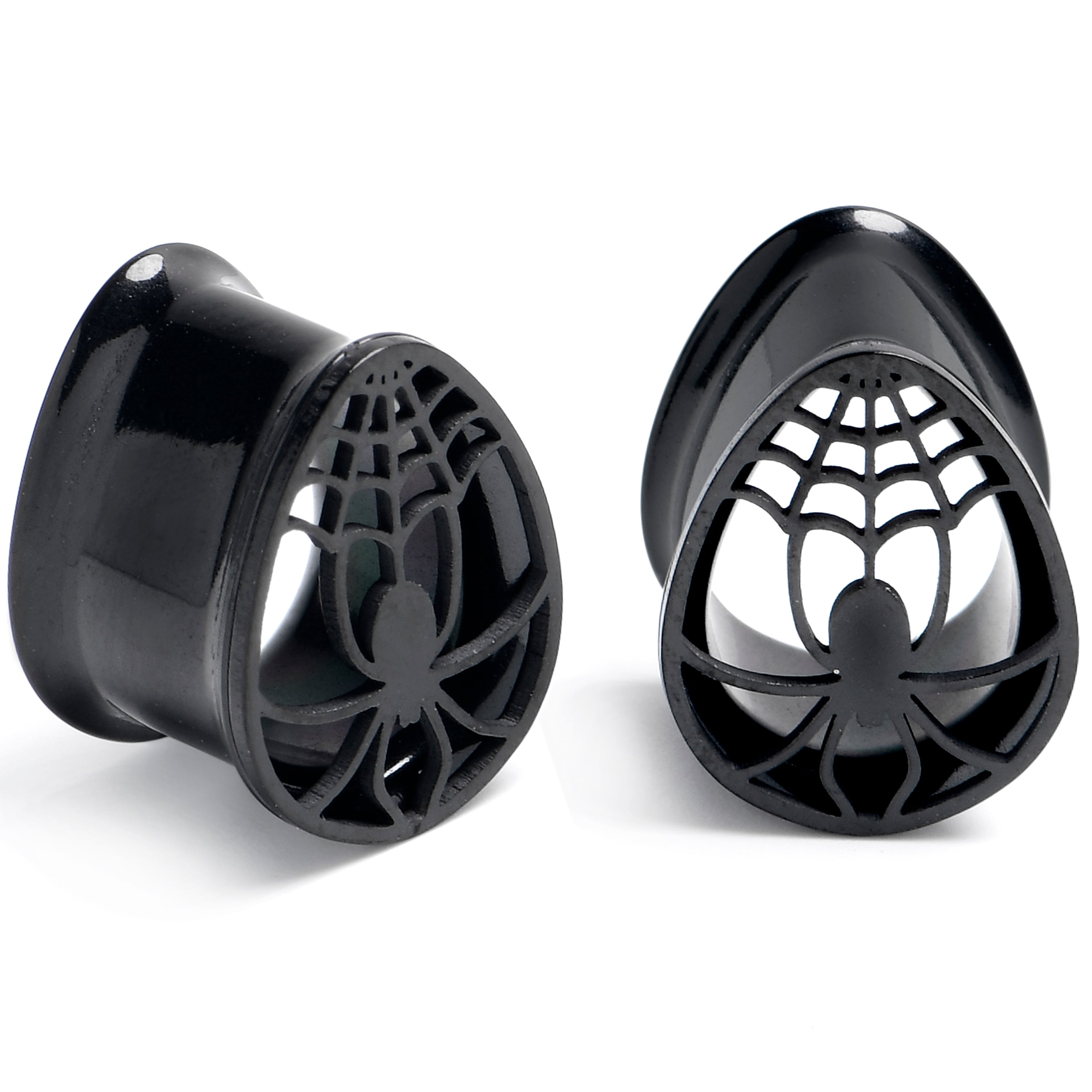 BodyCandy Black Spider Web Double Flare Teardrop Tunnel Plug Set Sizes 8mm to 16mm — lifestyle context