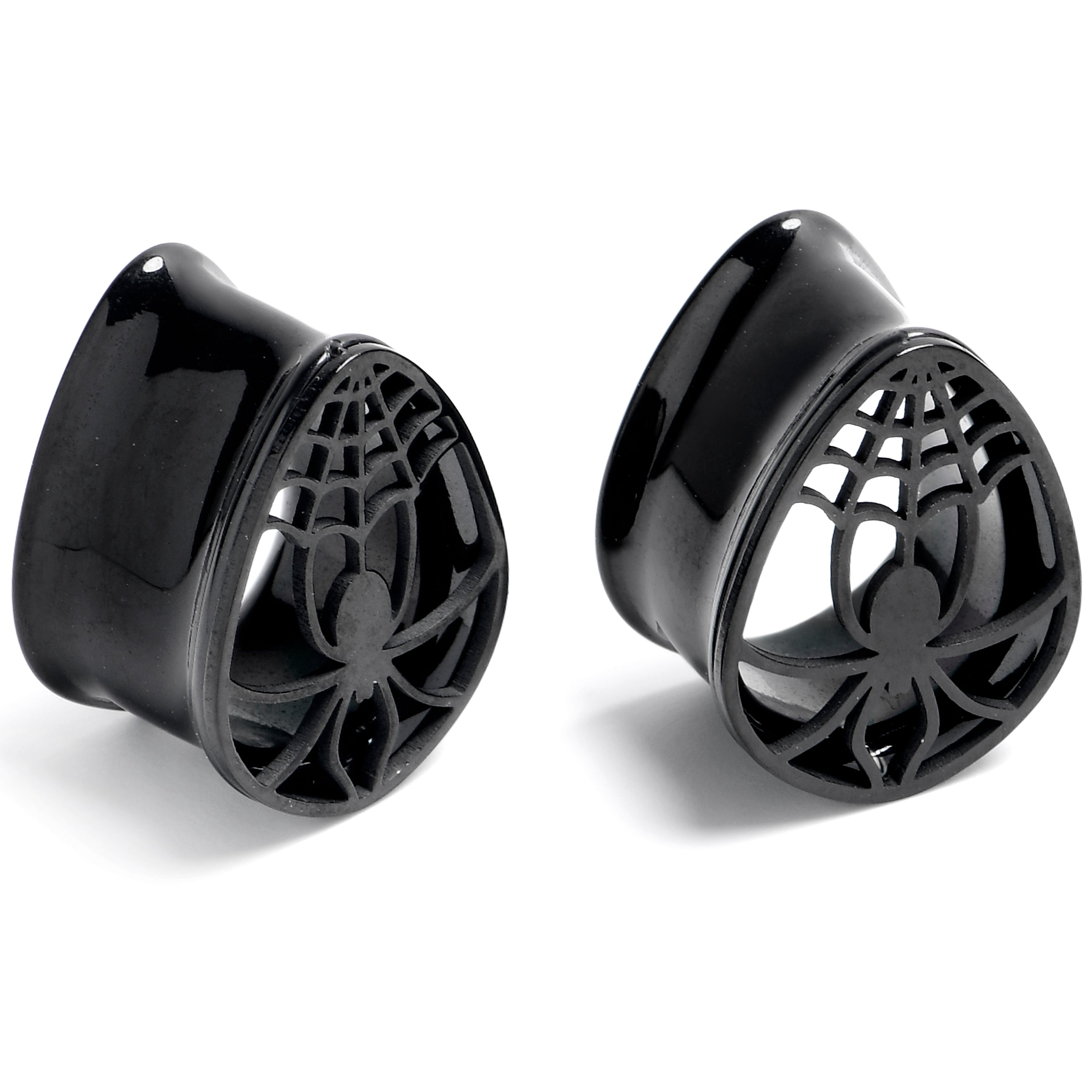 BodyCandy Black Spider Web Double Flare Teardrop Tunnel Plug Set Sizes 8mm to 16mm — side view