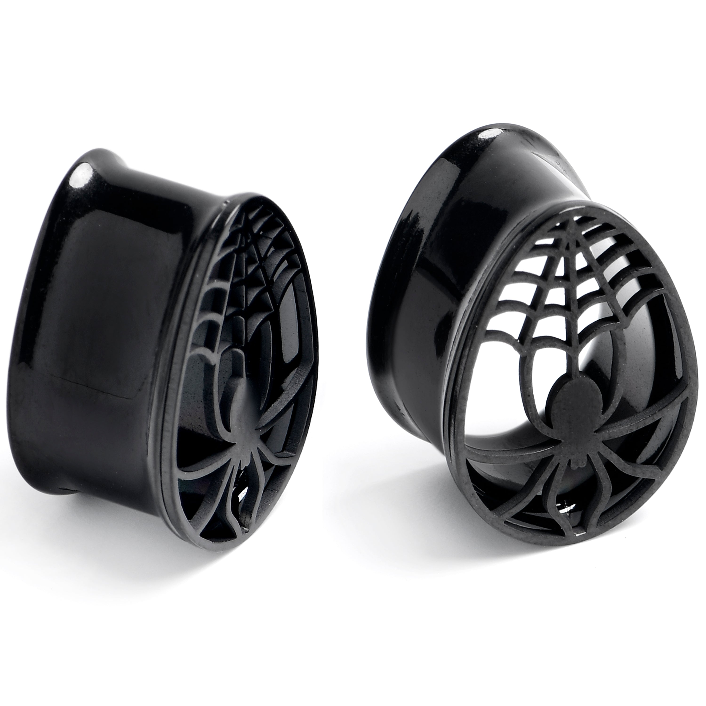 BodyCandy Black Spider Web Double Flare Teardrop Tunnel Plug Set Sizes 8mm to 16mm — main product shot