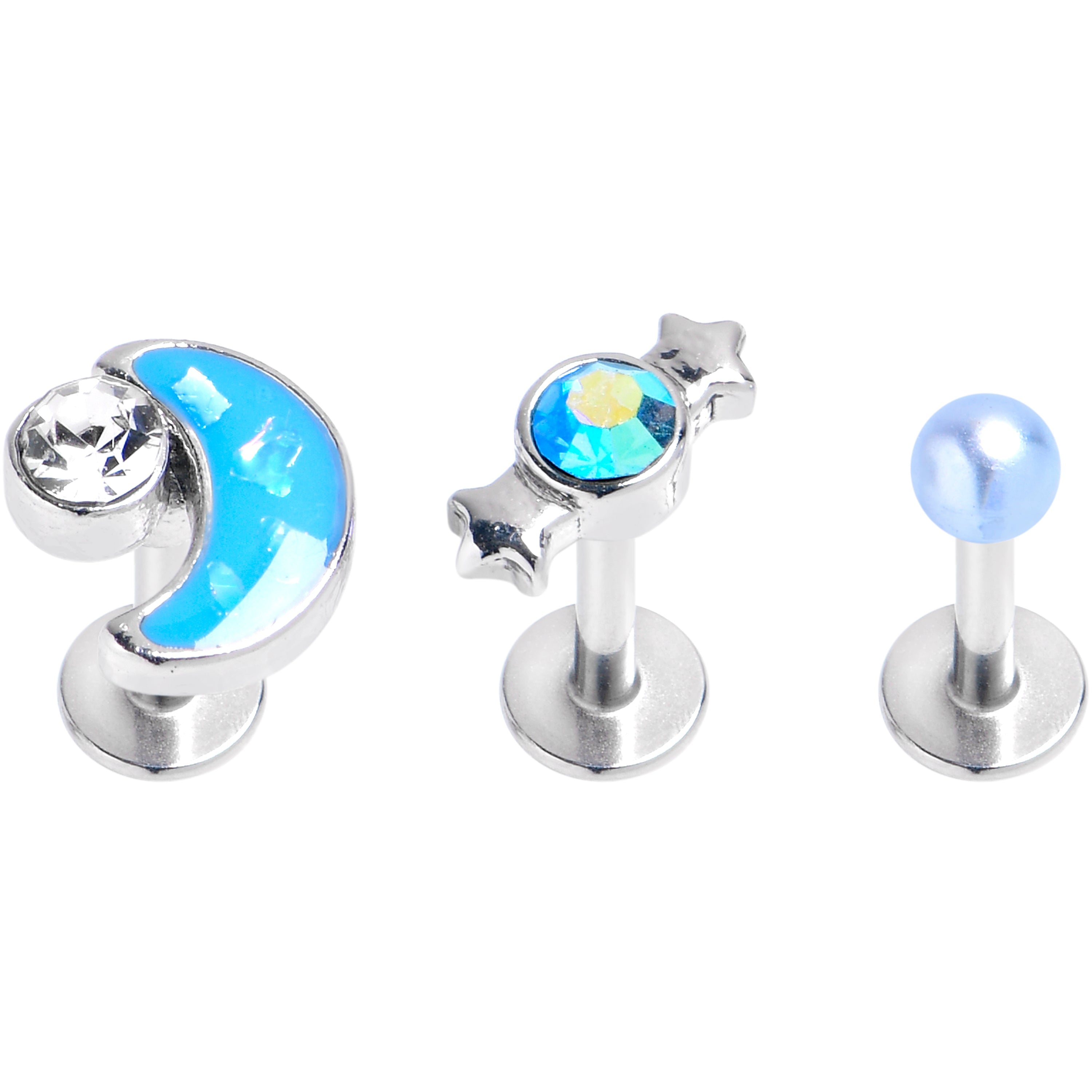 BodyCandy 16G 1/4 Clear Aurora CZ Gem Moon Candy Labret Tragus Curation Set of 3 — main product shot