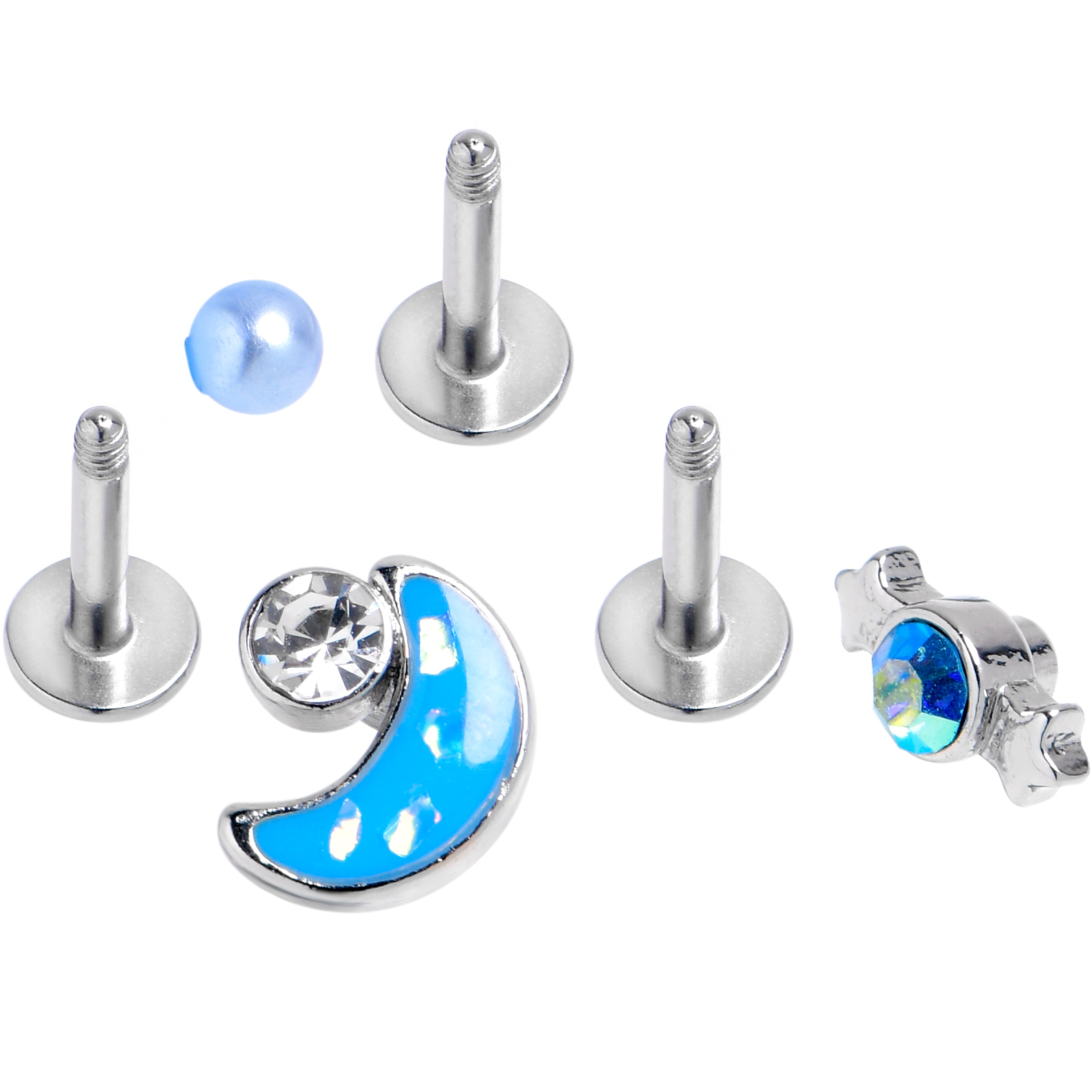 BodyCandy 16G 1/4 Clear Aurora CZ Gem Moon Candy Labret Tragus Curation Set of 3 — detail close-up