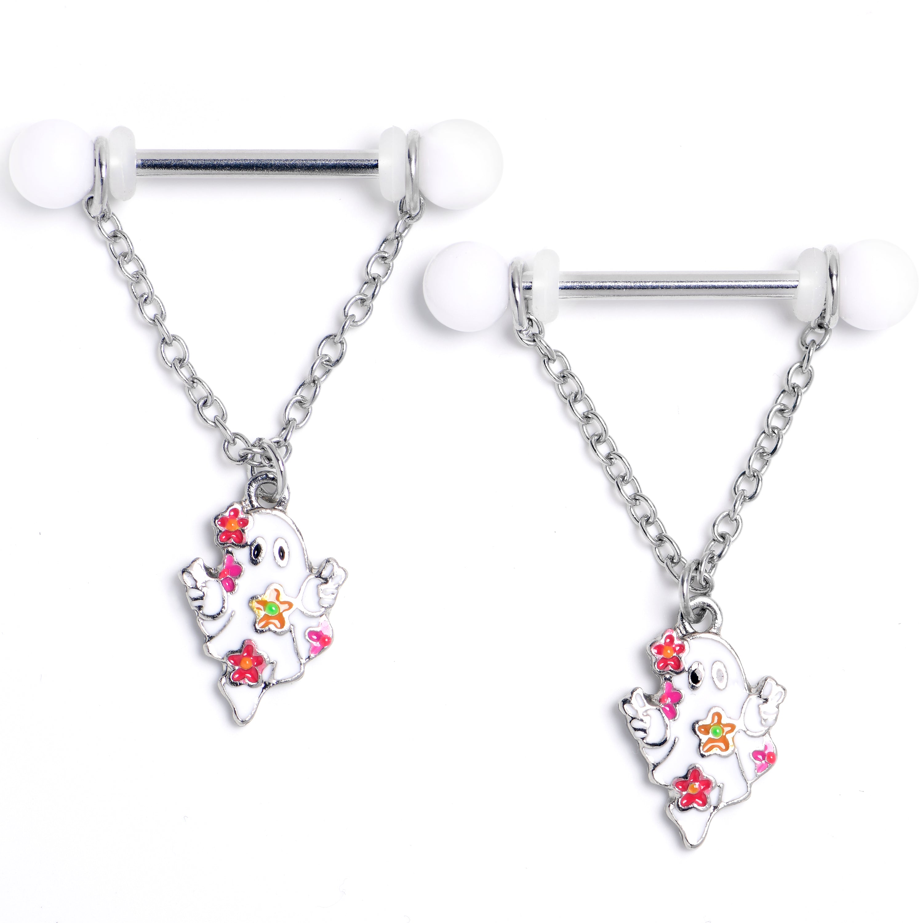 BodyCandy 14G 9/16 Halloween Floral Ghost Chain Dangle Nipple Ring Set — main product shot