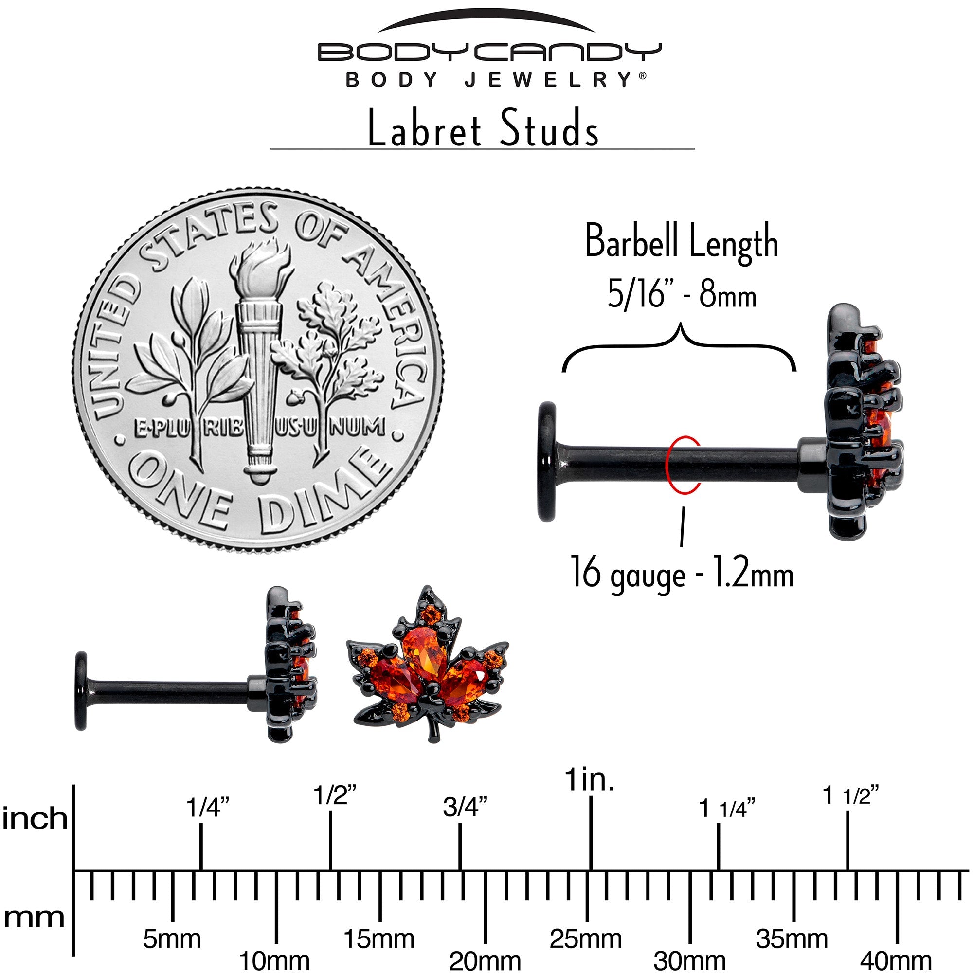 BodyCandy 16G Orange CZ Gem Black Autumn Leaf Flat Back Earring — in-use photo