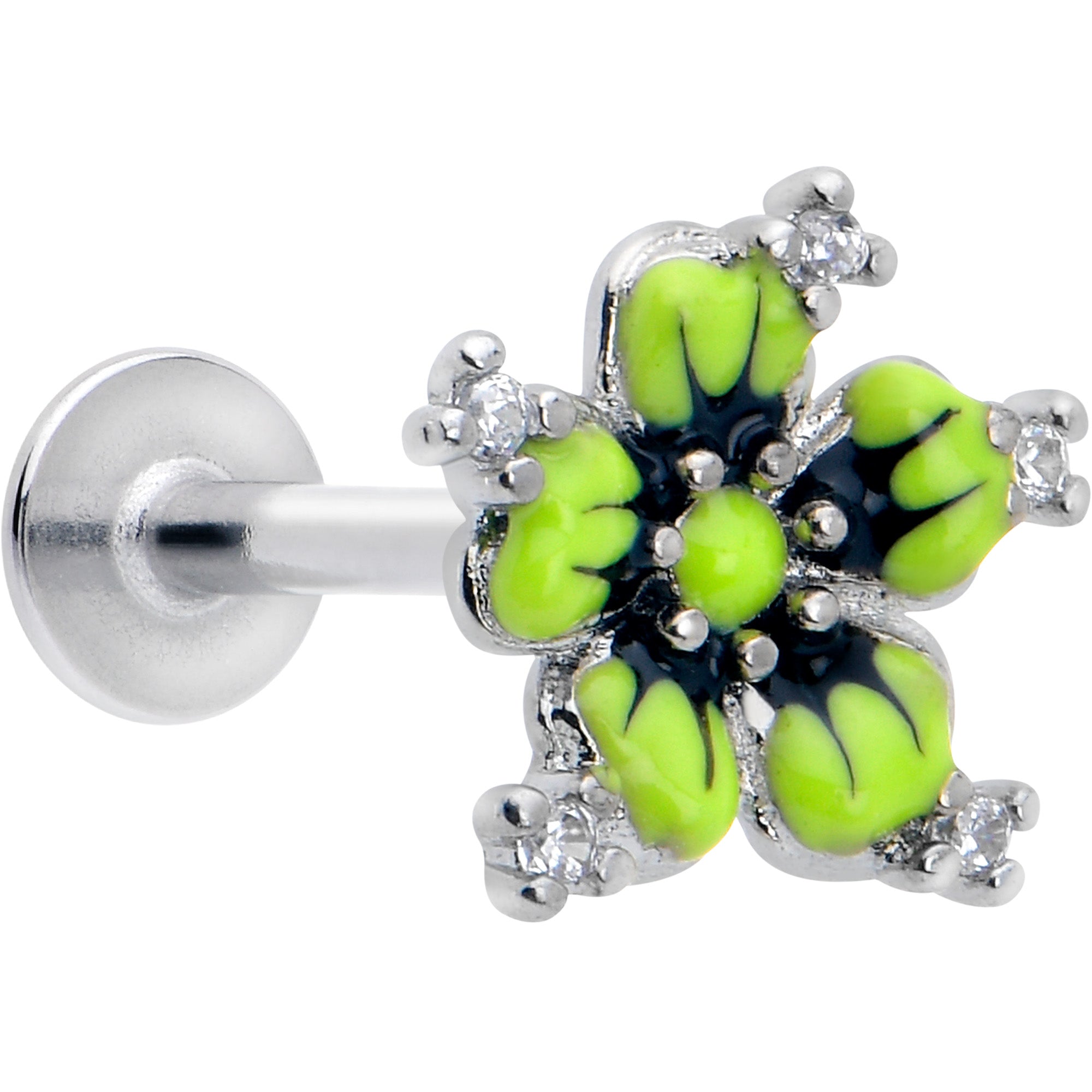 BodyCandy 16G Clear CZ Gem Go Green Flower Flat Back Earring — back view
