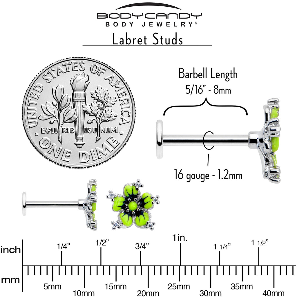 BodyCandy 16G Clear CZ Gem Go Green Flower Flat Back Earring — in-use photo