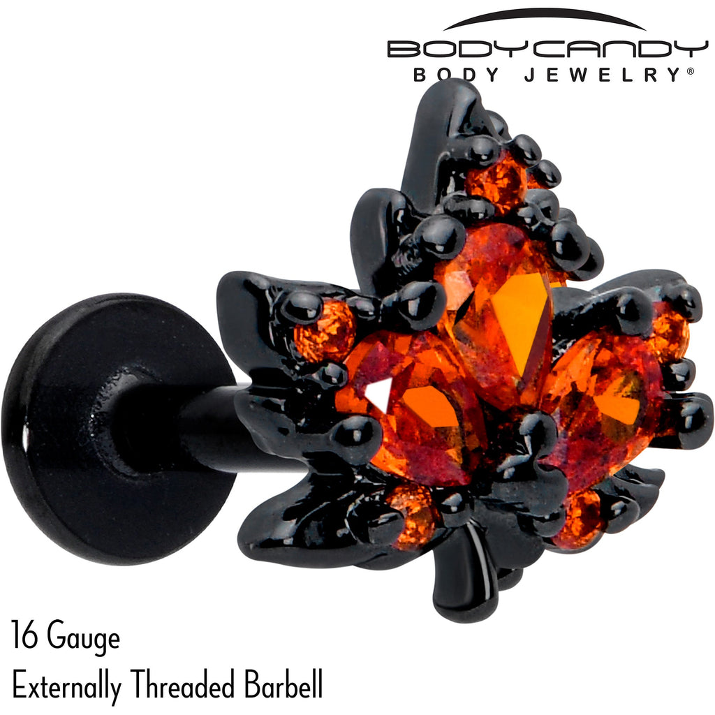 BodyCandy 16G Orange CZ Gem Black Autumn Leaf Flat Back Earring — detail close-up